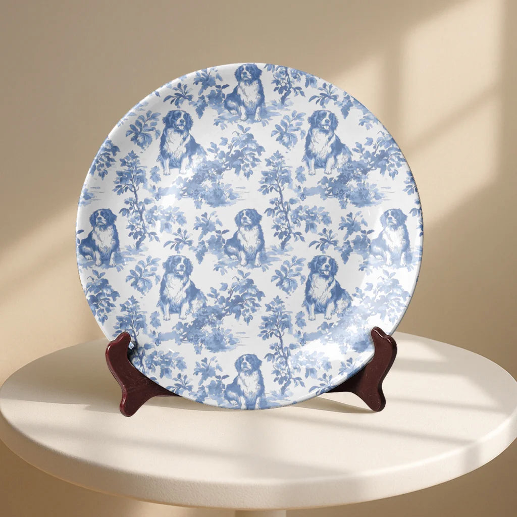 Bernese Mountain Dog Chinoiserie Plate – French Toile De Jouy Design, Dog Lover Gift, Decorative Plate, Custom Fabric-Inspired Dog Plate