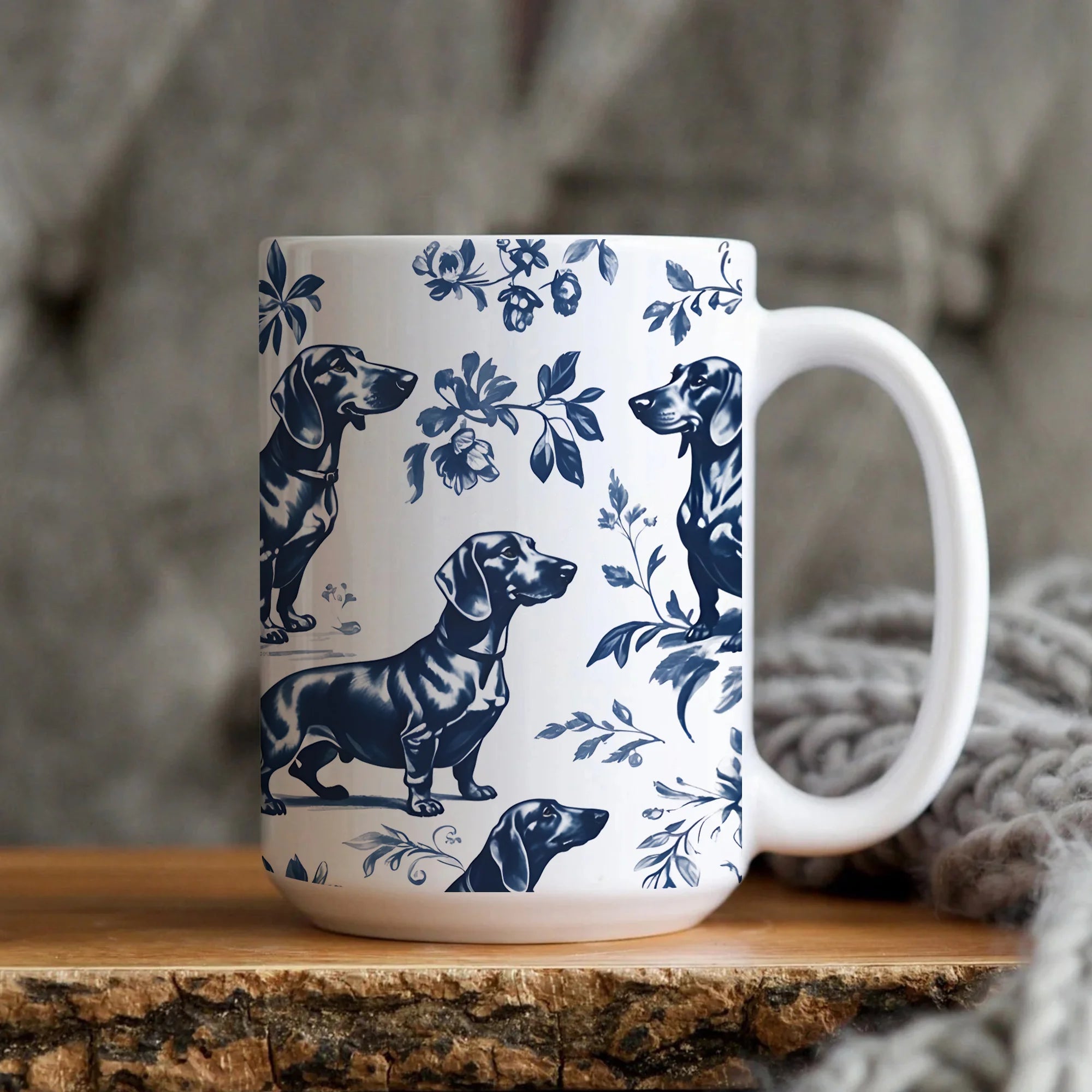 Dachshund Dogs French Blue Toile de Jouy Mug, Coffee Mug for Doxie Mom, Wiener Dogs Gift, Sausage Dog Lover Gifts, Dog Tea