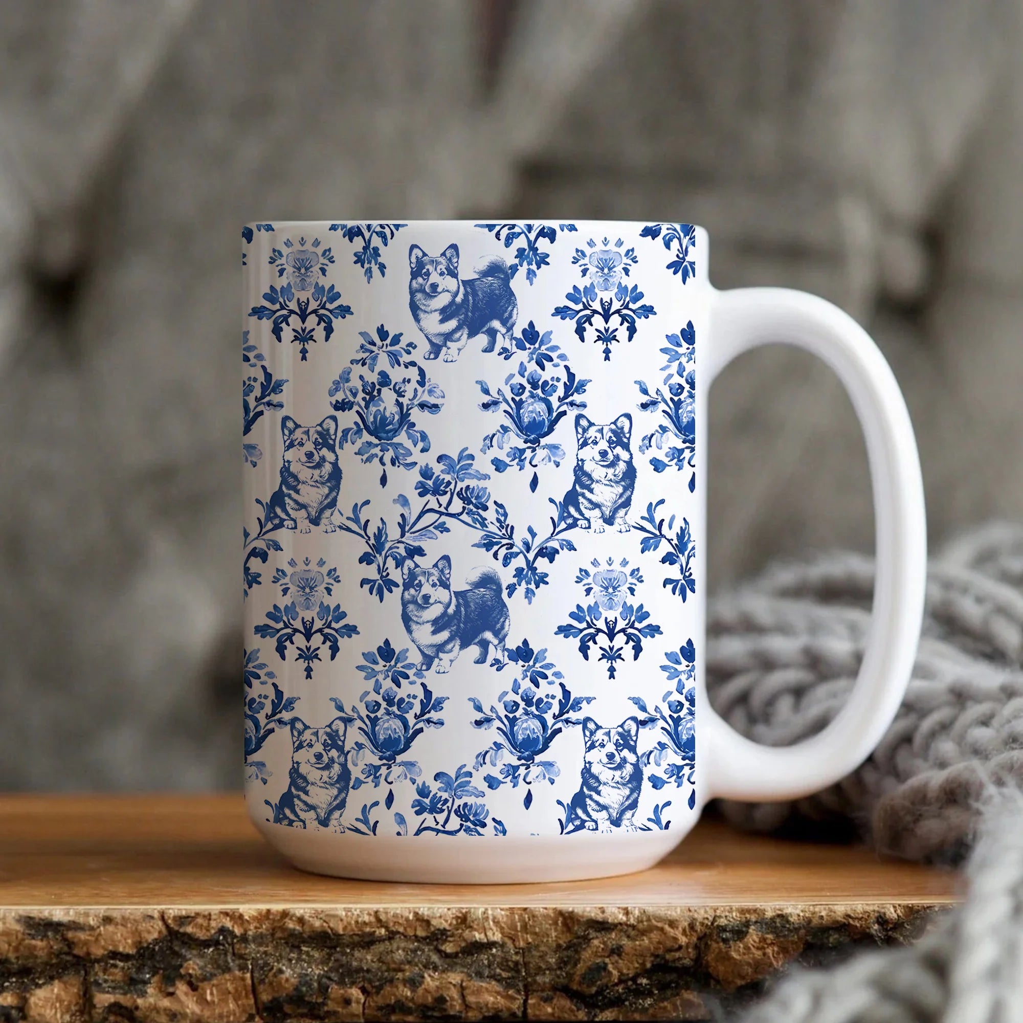 Welsh Corgi Toile De Jouy Mug, French Blue Toile Corgi Gift, Dog Lover Ceramic Coffee Cup, Pembroke Welsh Corgi Dog Gifts Mom Tea Mug