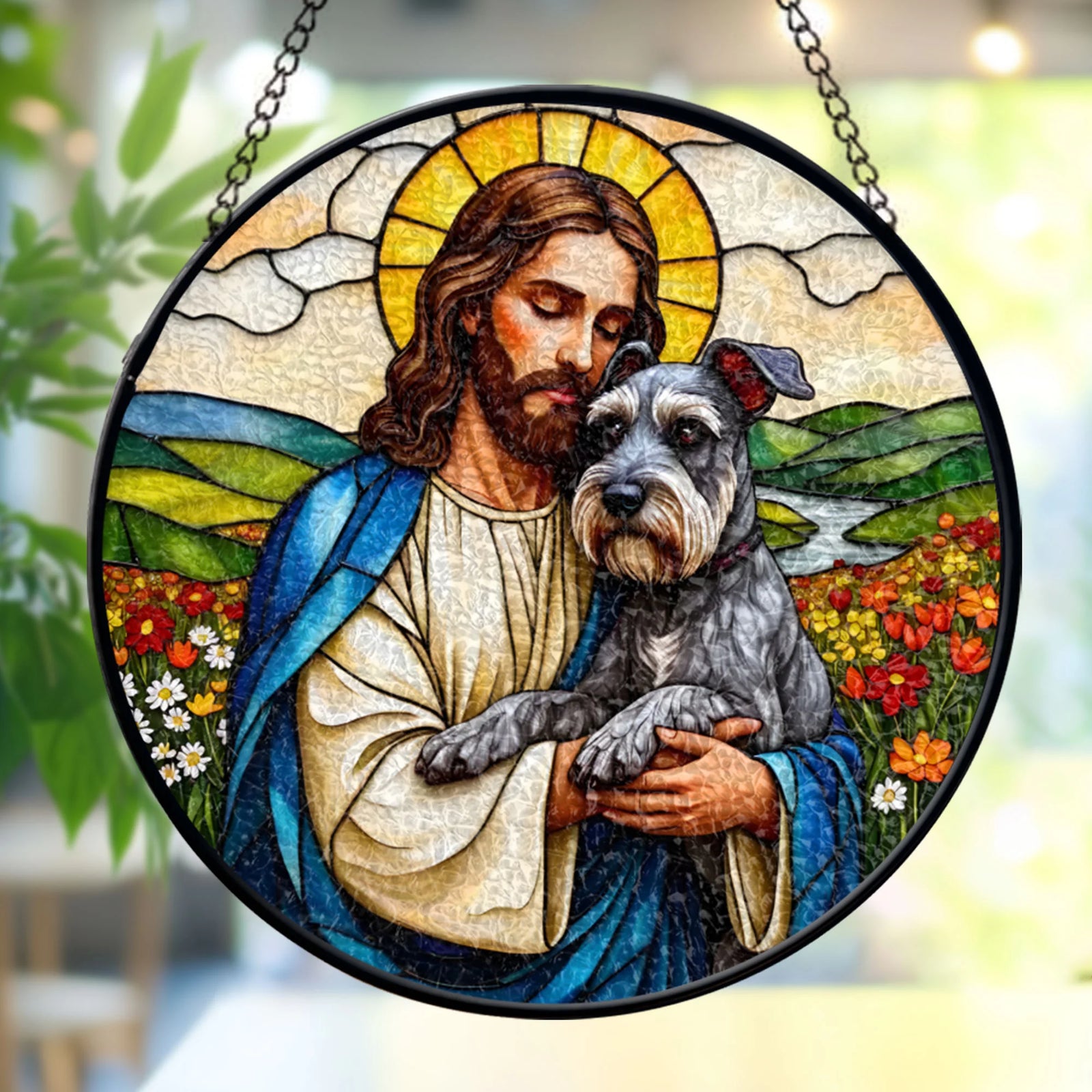 Jesus Christ Hugging White Miniature Schnauzer Window stained glass, Religious Window Decor, Memorial Gift for Pet Lovers