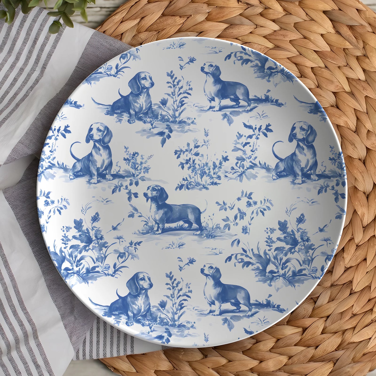 Dachshund Dog Chinoiserie Plate – Toile De Jouy Design, Dog Lover Gift, Decorative Wiener Dog Plate, French Style Dog Plate