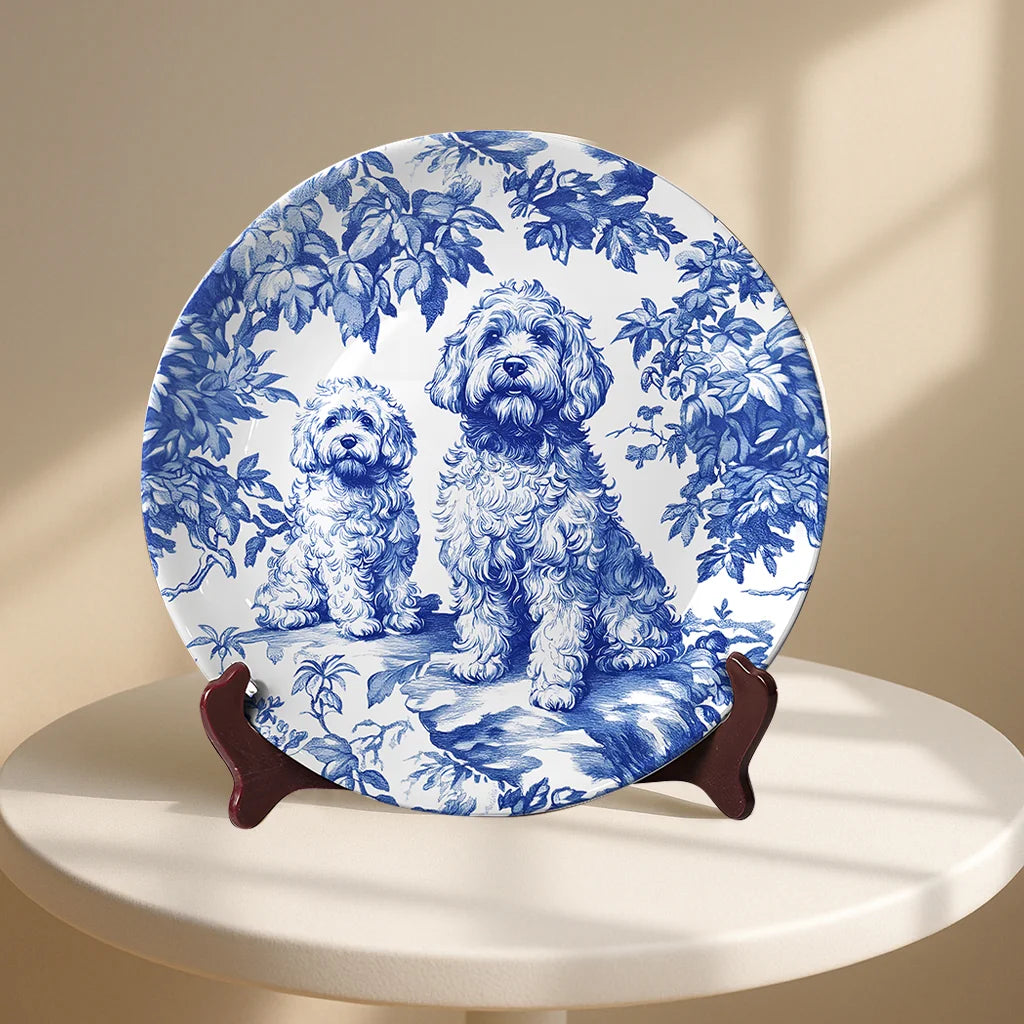 Goldendoodle Chinoiserie Plate – Blue Toile De Jouy Dog Lover Gift, French Doodle Decorative Plate, Ceramic Dog Mom Plate