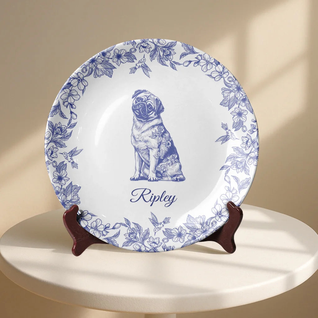 Custom Pug Dog Chinoiserie Toile De Jouy Plate – Personalized Name Gift