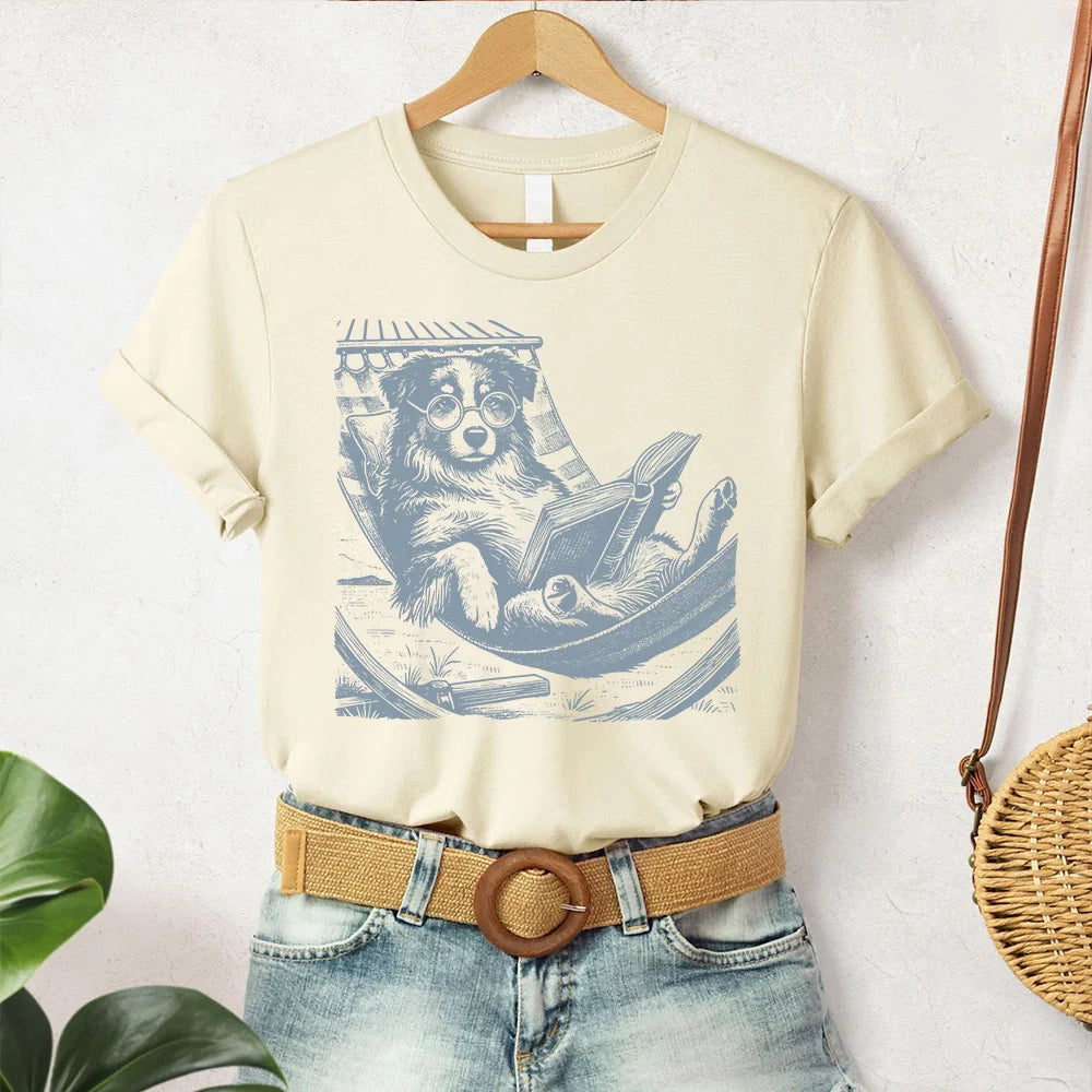 Australian Shepherd, Vintage Dog T-Shirt, Funny Dog Shirt, Dog Mom Shirt, Reading Dog TShirt, Summer Hammock, Aussie Mom, Aussie Dad