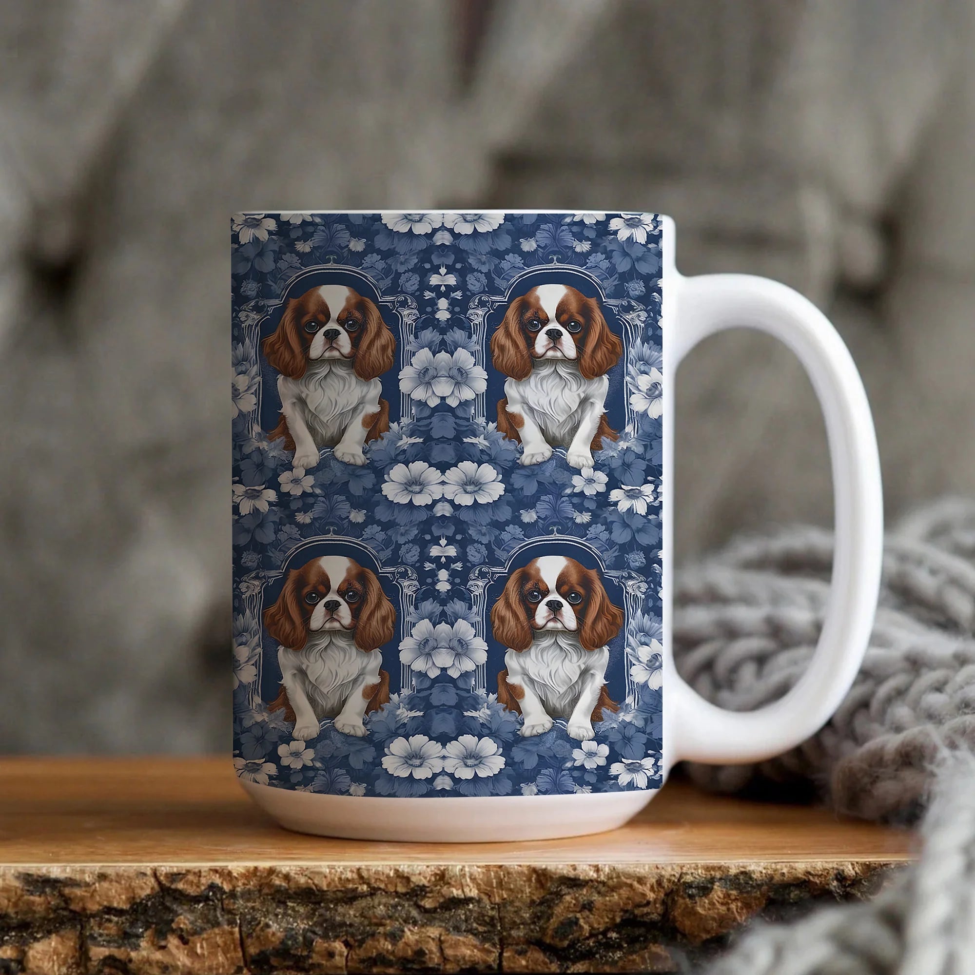 Cavalier King Charles Spaniel French Toile Mug, Blue Toile de Jouy Ceramic Coffee Cup for Cavalier Lovers, Mug Gift for Dog Lovers