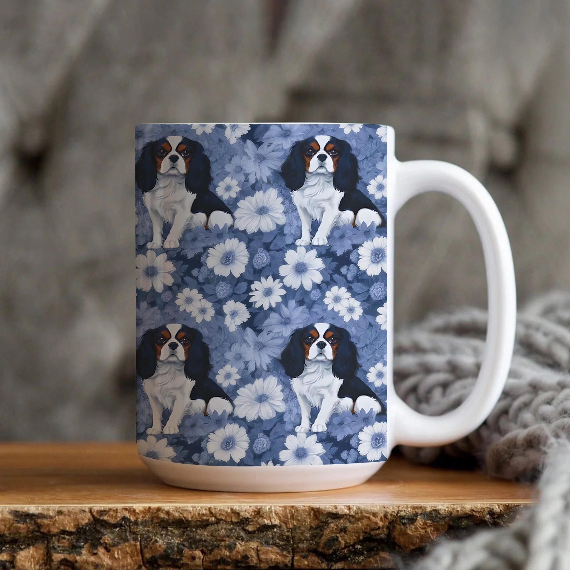 Cavalier King Charles Spaniel French Toile Mug, Blue Toile de Jouy Coffee Cup for Cavalier Lovers, Ceramic Dog Lover Gift Mug