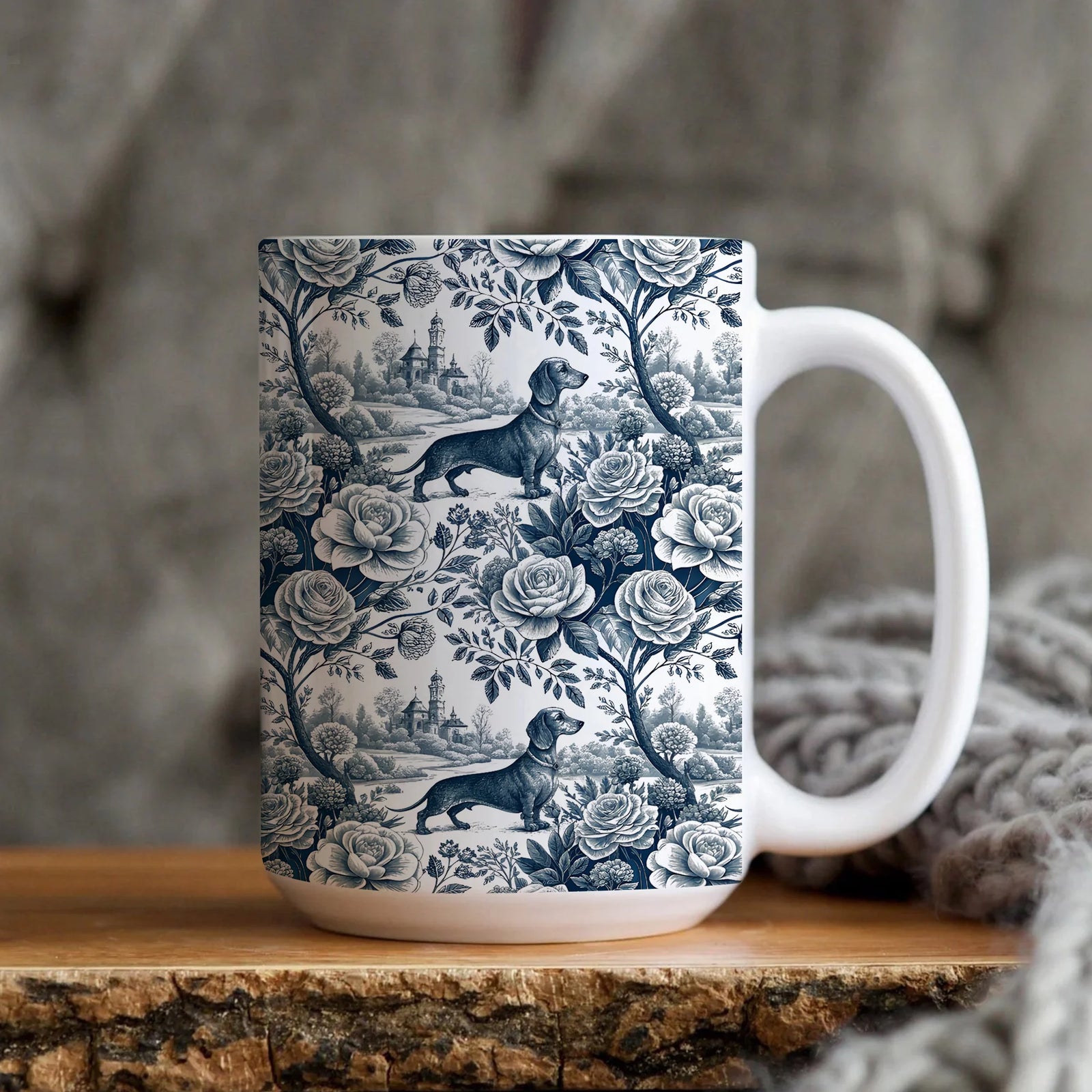 Blue Toile de Jouy Dachshund Mug – Chinoiserie Dog Mom Gift – Elegant Wiener Dog Cup – Doxie Lover Gift