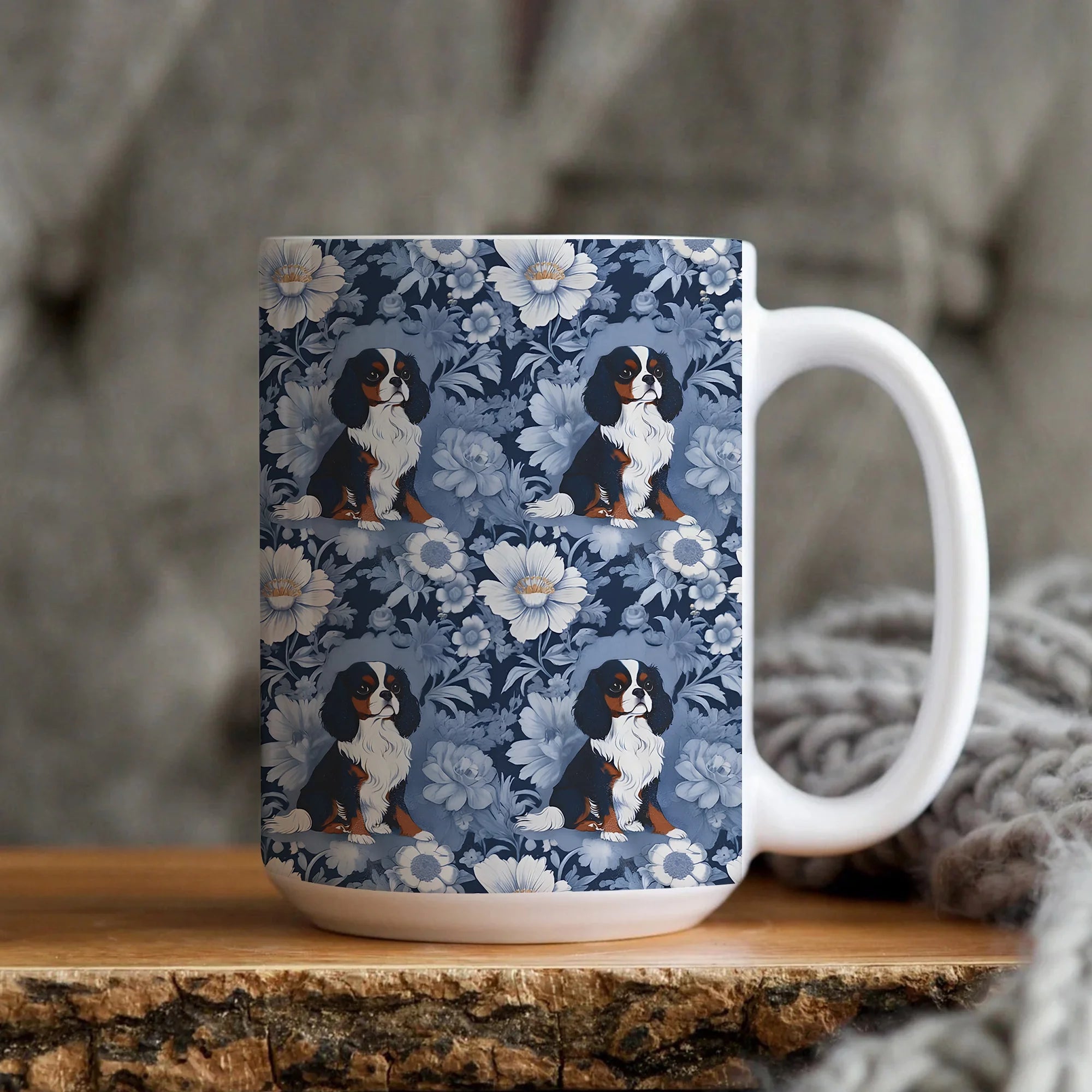 Cavalier King Charles Spaniel French Toile Mug, Blue Toile de Jouy Coffee Cup for Dog Lovers, Cavalier Gift for Mom Dad, Ceramic Mug 11oz 15oz