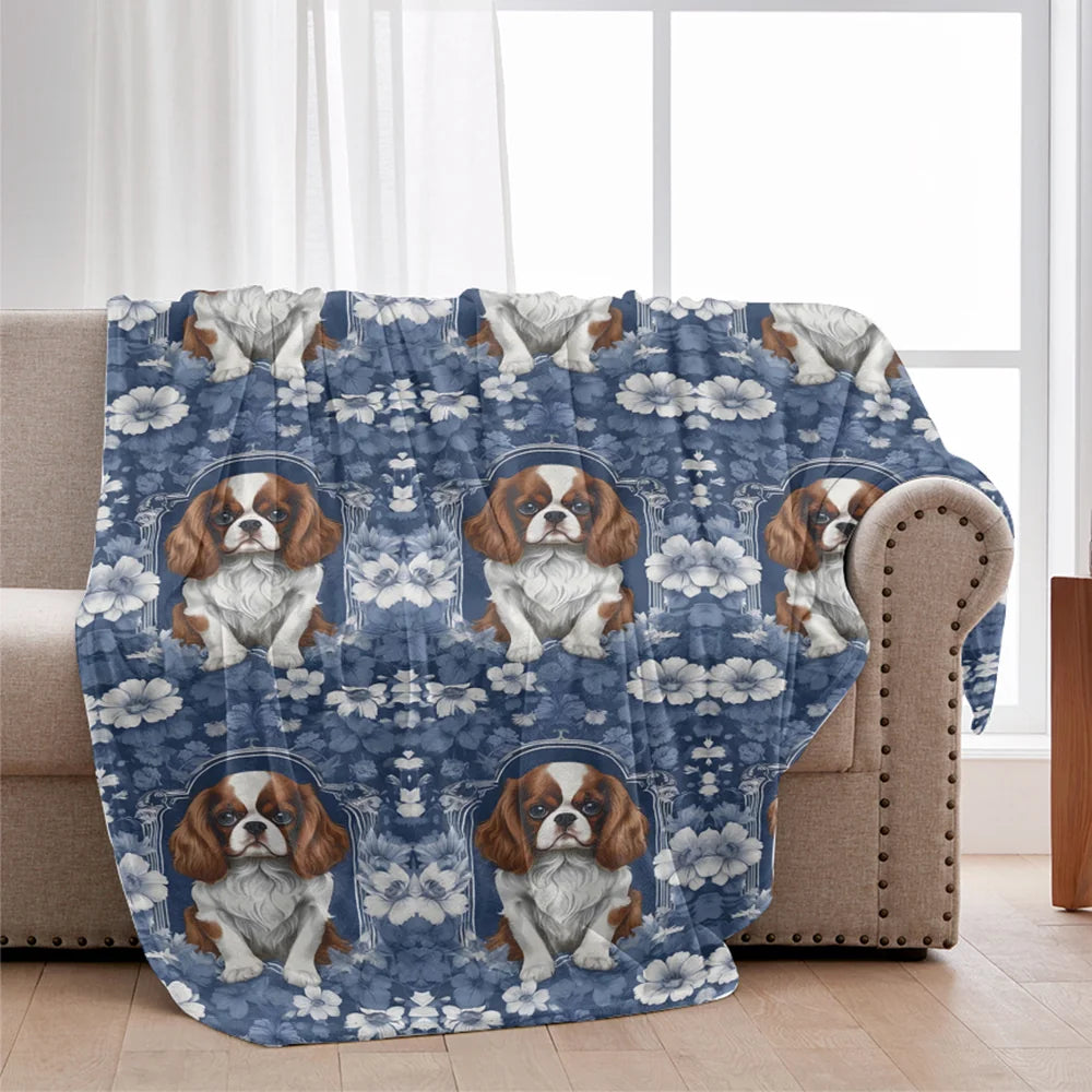 Cavalier King Charles Spaniel French Blue Toile Blanket, Velveteen Blue Toile de Jouy Cozy Throw for Cavalier Lovers, Blanket Gift for Dog Lovers