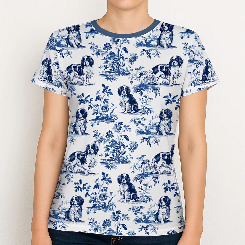 Cavalier King Charles Spaniel French Toile de Jouy Shirt – Blue Toile Women's T-Shirt for Cavalier Moms, Dog Lover Tee, Cavalier Gift for Her