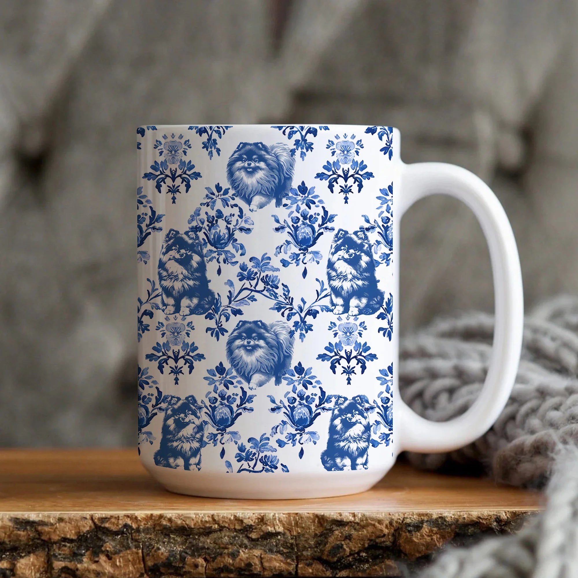 Pomeranian Toile De Jouy Mug, French Blue Toile Pomeranian Gift, Pom Dog Lover Ceramic Coffee Cup, Pomeranian Dog Gift Mom Chinoiserie Mug