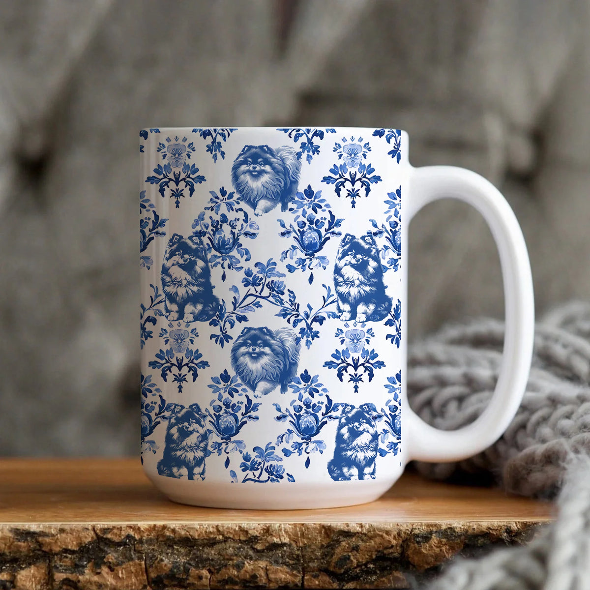 Pomeranian Toile De Jouy Mug, French Blue Toile Pomeranian Gift, Pom Dog Lover Ceramic Coffee Cup, Pomeranian Dog Gift Mom Chinoiserie Mug