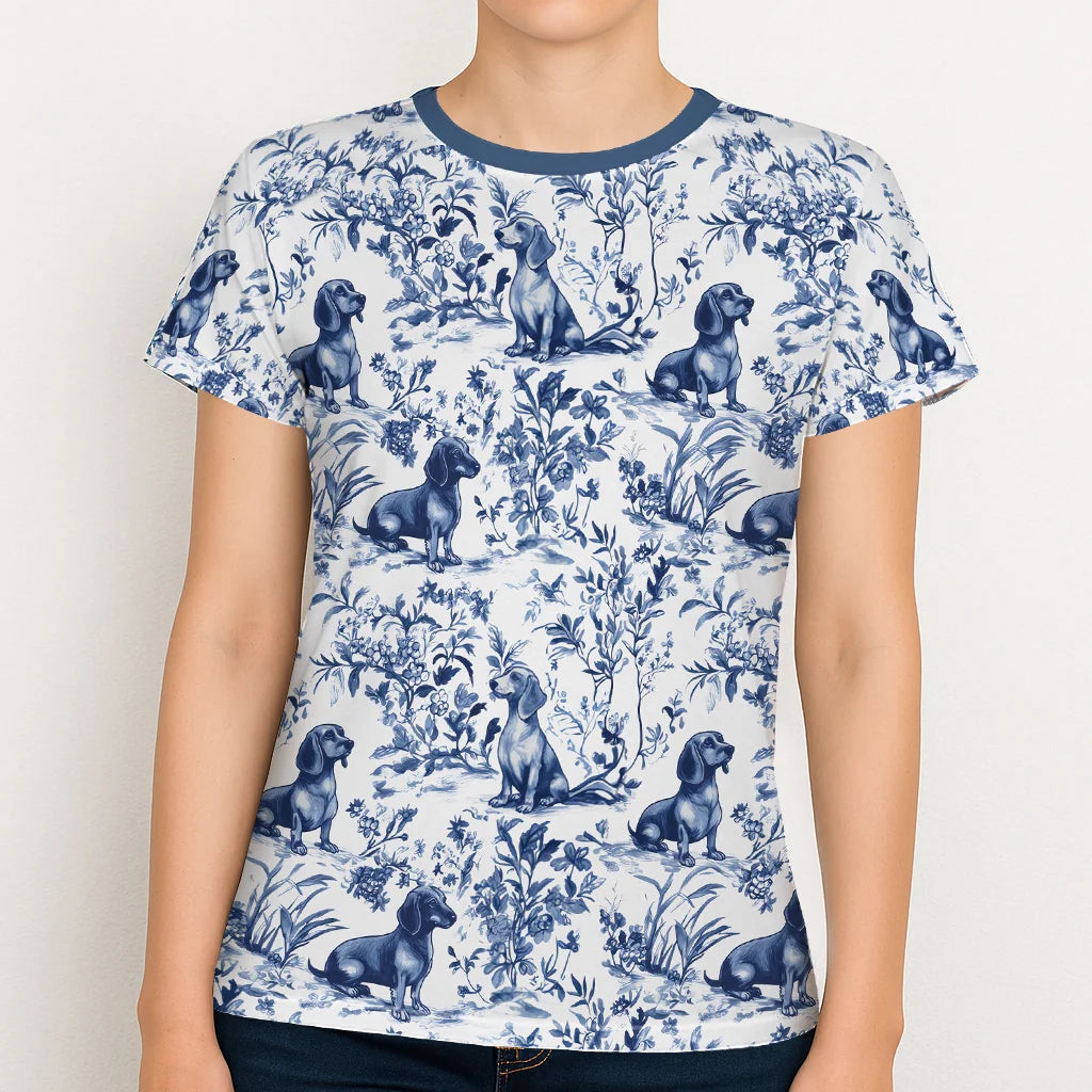 Dachshund French Toile de Jouy Shirt – Blue Toile Women's T-Shirt for Doxie Moms, Sausage Dog Lover Tee, Dachshund Gift for Her