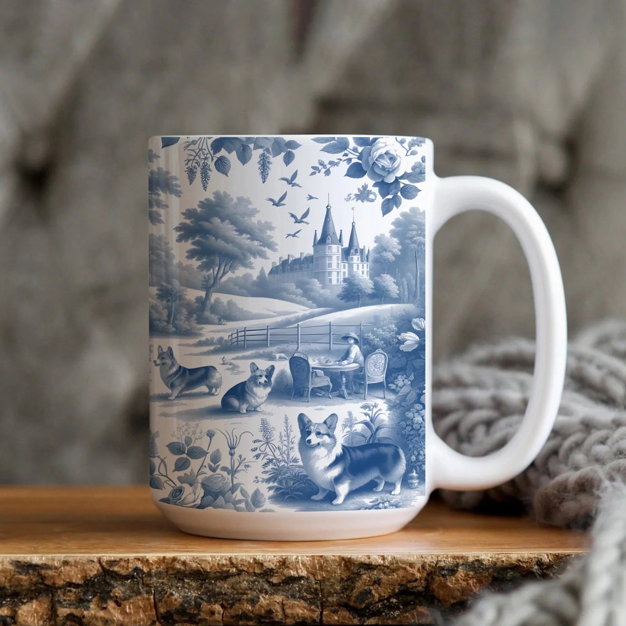 Corgi Blue Toile De Jouy Mug, Vintage French Blue Toile Welsh Corgi Coffee Cup, Blue and White Chinoiserie Mug, Pembroke Welsh Corgi Lover Gift