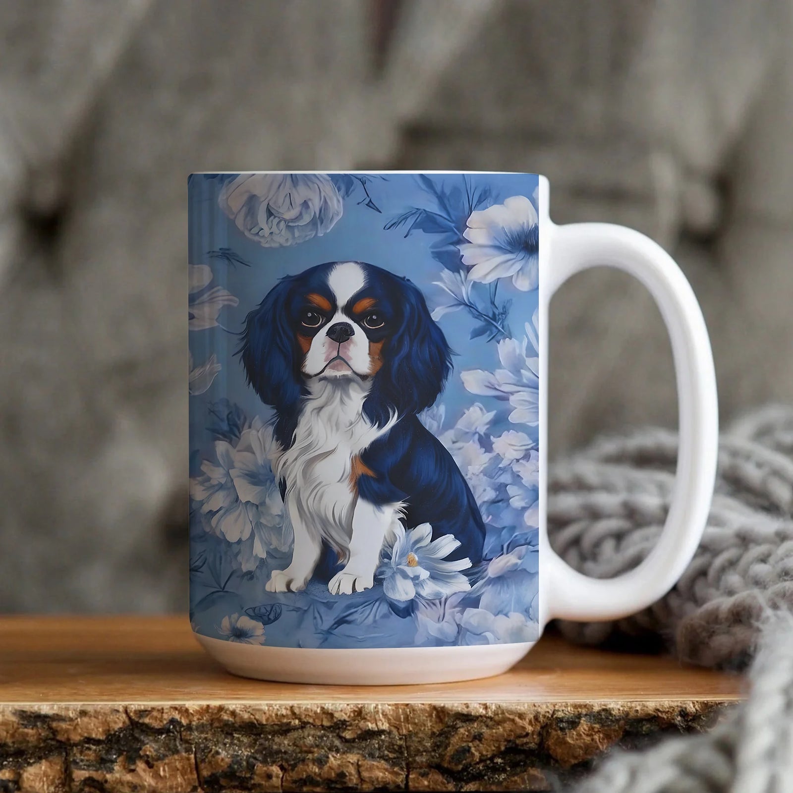 Cavalier King Charles Spaniel French Toile Mug, Blue Toile de Jouy Cozy Ceramic Cup for Cavalier Lovers, Mug Gift for Dog Lovers