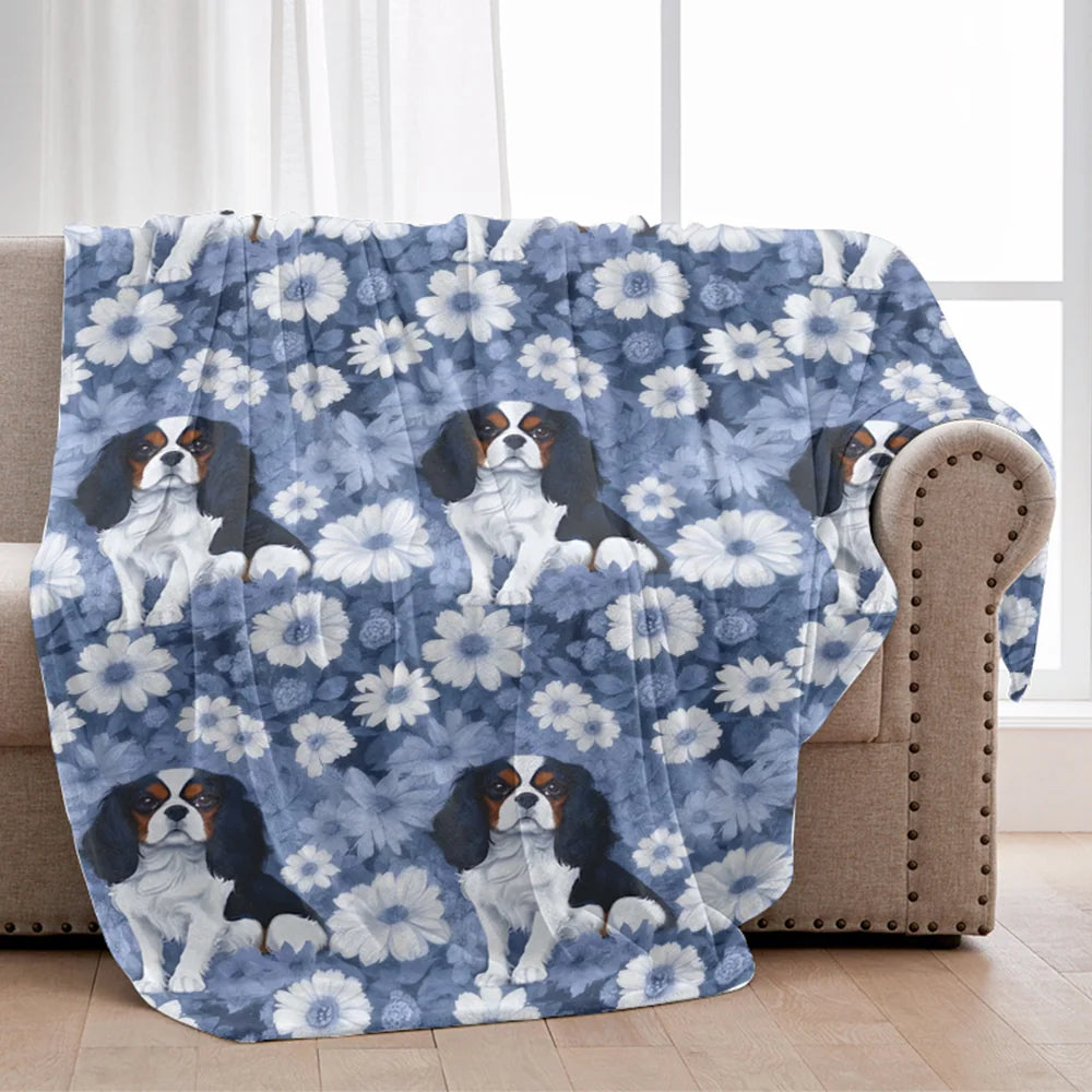 Cavalier King Charles Spaniel French Toile Blanket, Velveteen Blue Toile de Jouy Cozy Throw for Cavalier Lovers, Blanket Gift for Dog Lovers