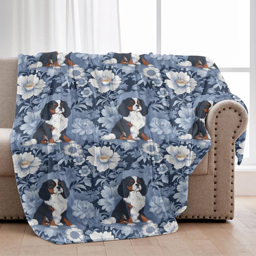 Cavalier King Charles Spaniel French Blue Toile Blanket, Velveteen Cozy Throw for Cavalier Lovers Blanket, Gift for Dog Lovers