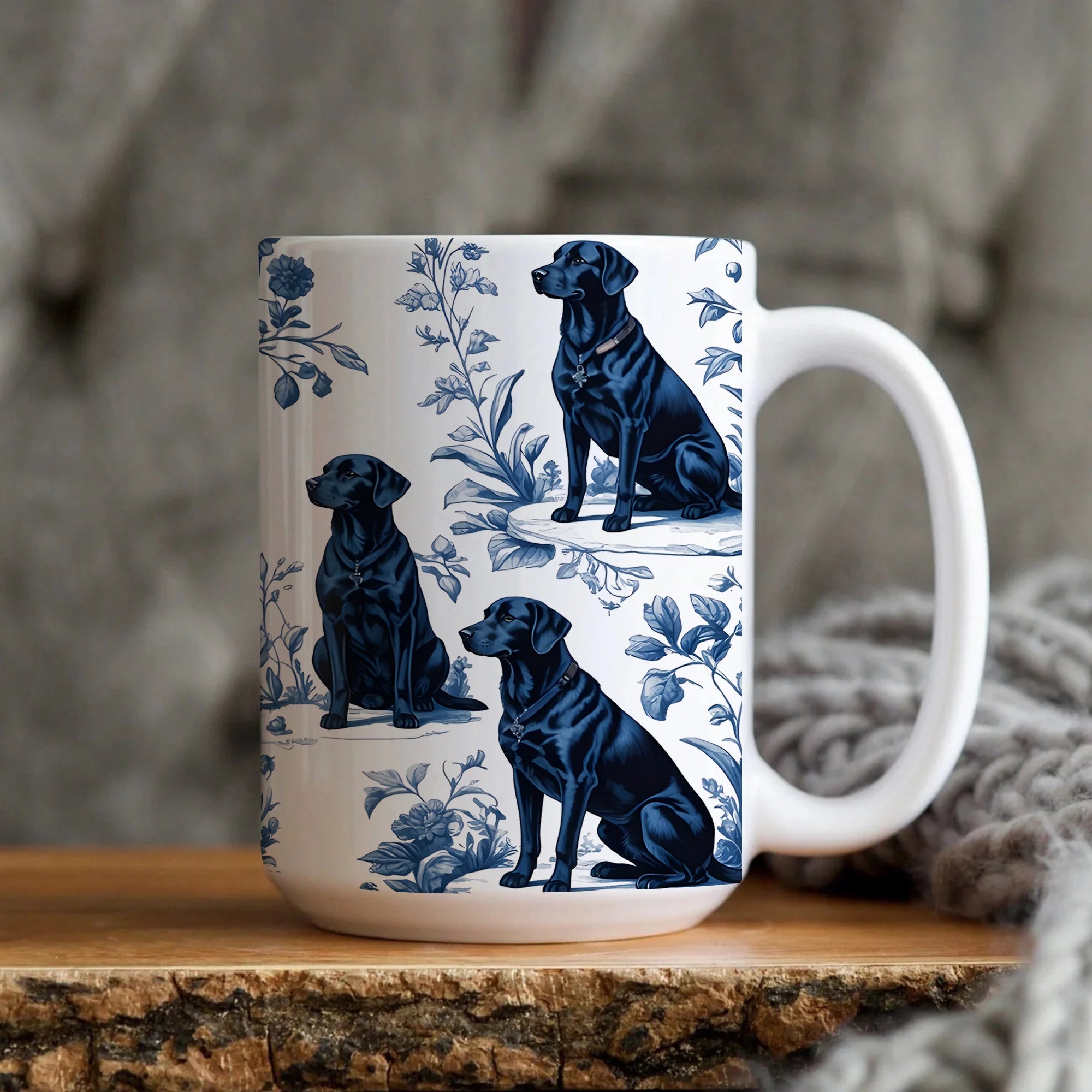 Black Labrador Dogs French Blue Toile de Jouy Mug Elegant Blue Toile Coffee Cup for Labrador Dog Mom, Dog Lover Gifts, Dog Tea Mug
