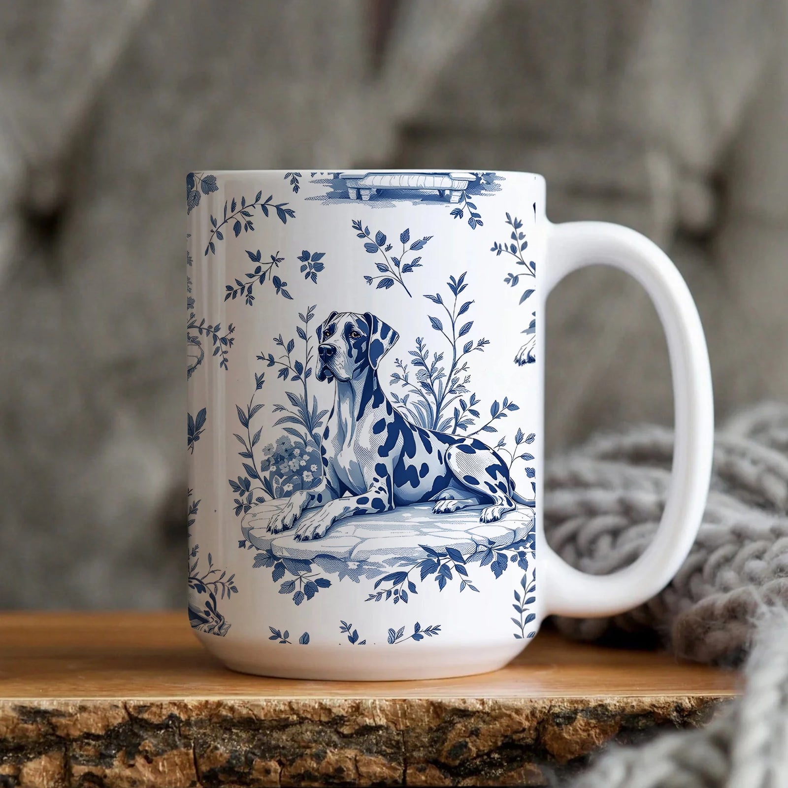 Great Dane Blue Toile de Jouy Mug - Chinoiserie Coffee Cup Gift for Great Dane Dad Mom, Dog Memorial Gift Ceramic Tea Cup, 11oz & 15oz