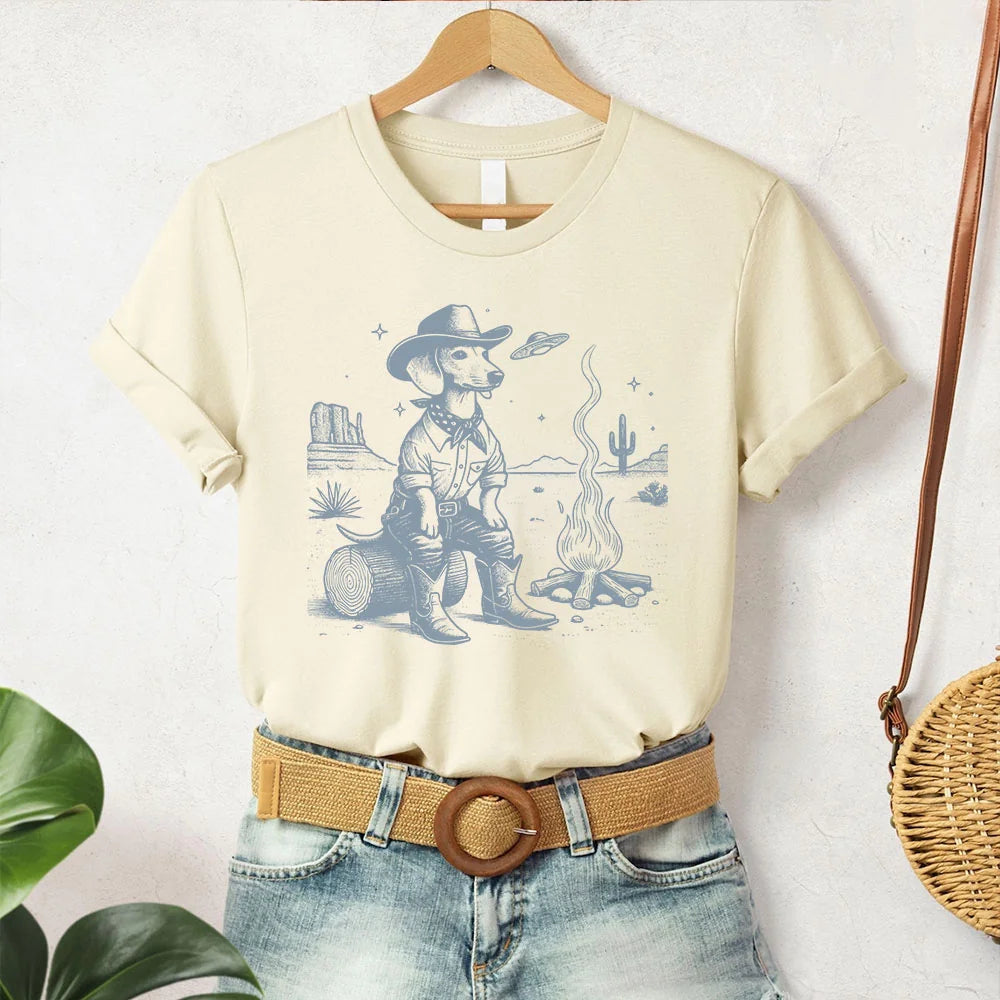 Dachshund, Wiener Dog Shirt, Cowboy Campfire, Vintage Dog T-Shirt, Doxie Mom, Funny Dog Shirt, Dad Gift, Desert Cactus Cowdog UFO Sweatshirt
