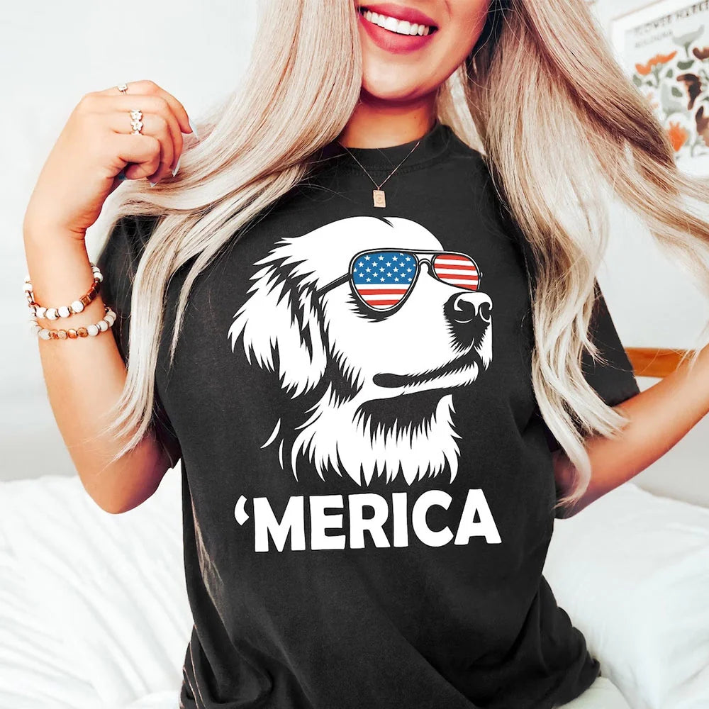 Merica Golden Retriever T-Shirt | 4th of July Dog Shirt | Golden Retriever Mom Gift | Patriotic Dog Tee | Golden Retriever Lover Shirt