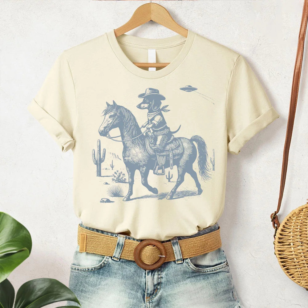 Dachshund Shirt, Cowboy Wiener Dog, Vintage Dog T-Shirt, Doxie Mom, Funny Dog Shirt, Weenie Gift, Desert Horse, Cactus Horseback Dog, UFO
