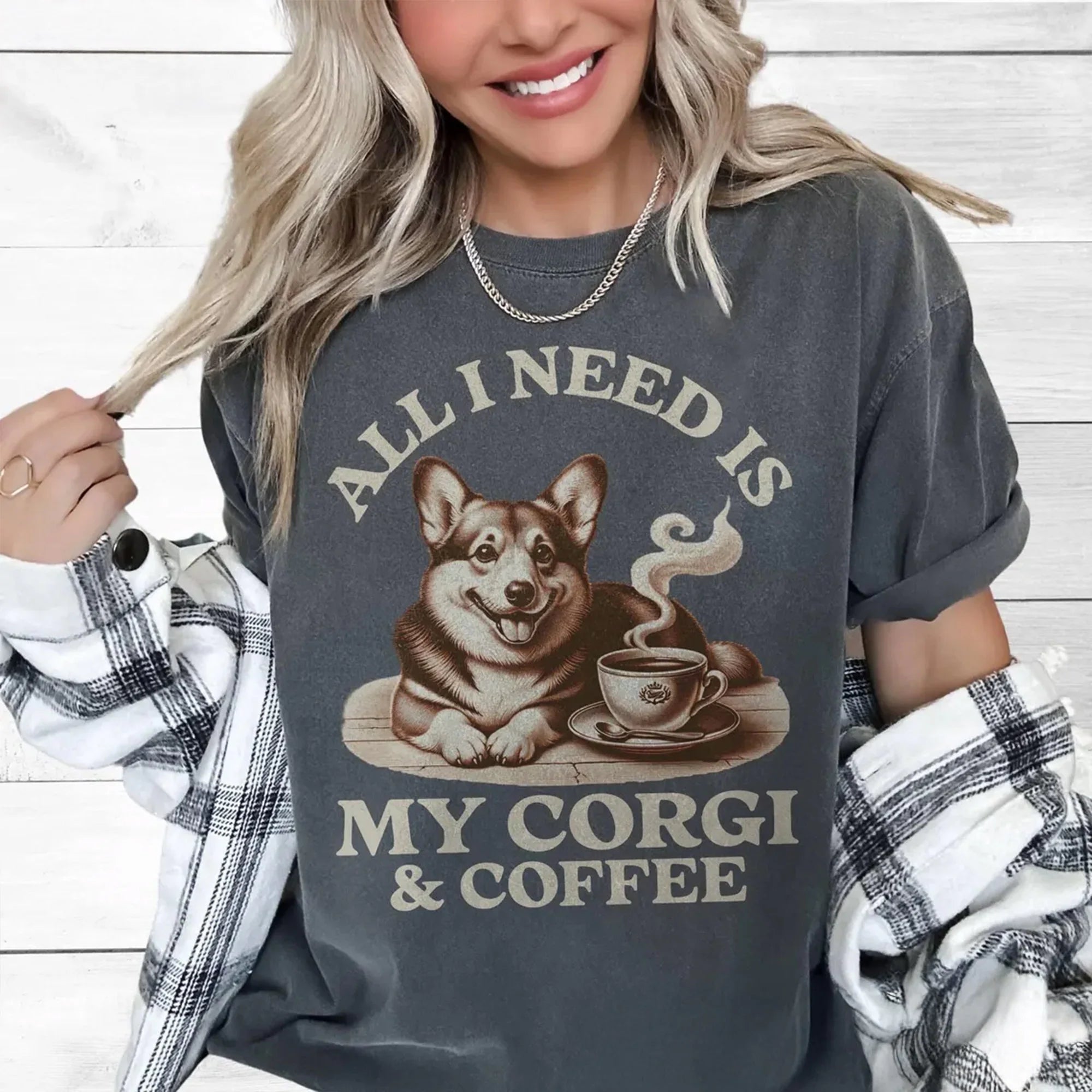 Coffee Corgi T-Shirt Comfort Colors, Caffeine Corgi Lover Gift Corgi Mom Tshirt Retro Graphic Tee Funny Dog Latte Animal Dad Pet Owner Cute
