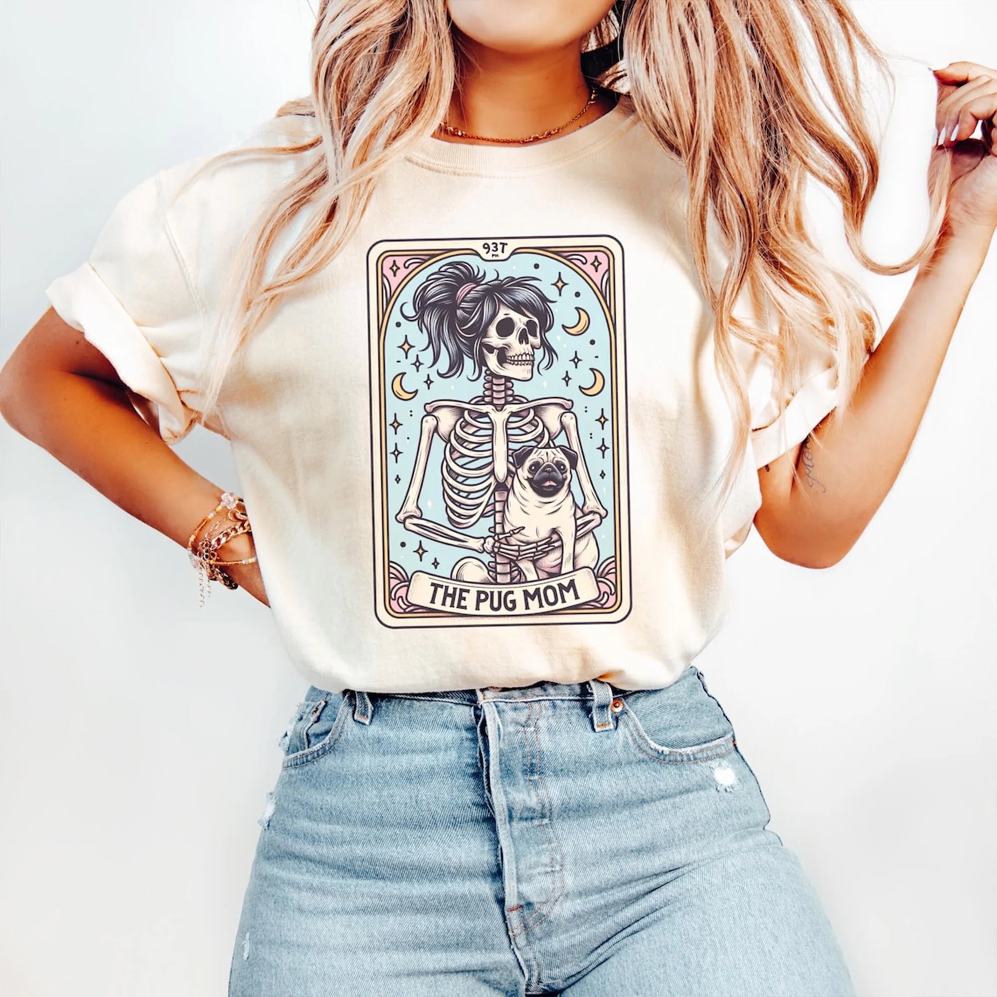 Pug Shirt, Comfort Colors Pug Mom Tarot Card T-shirt, Pug Gift, Halloween Dog Shirt, Skeleton Pug Mom Tee, Gift for Pug Lover
