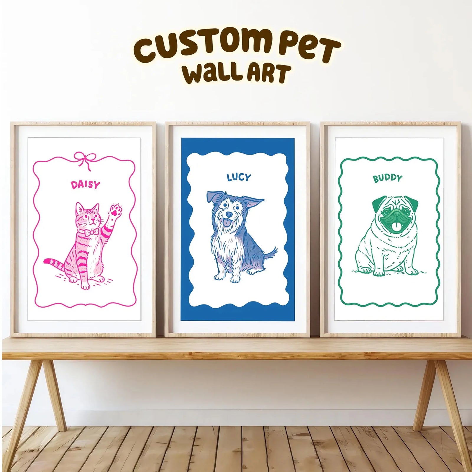Personalized Retro Poorly Drawn Pet Portrait Canvas, Personalized Dog Cat Line Art Wall Art poster