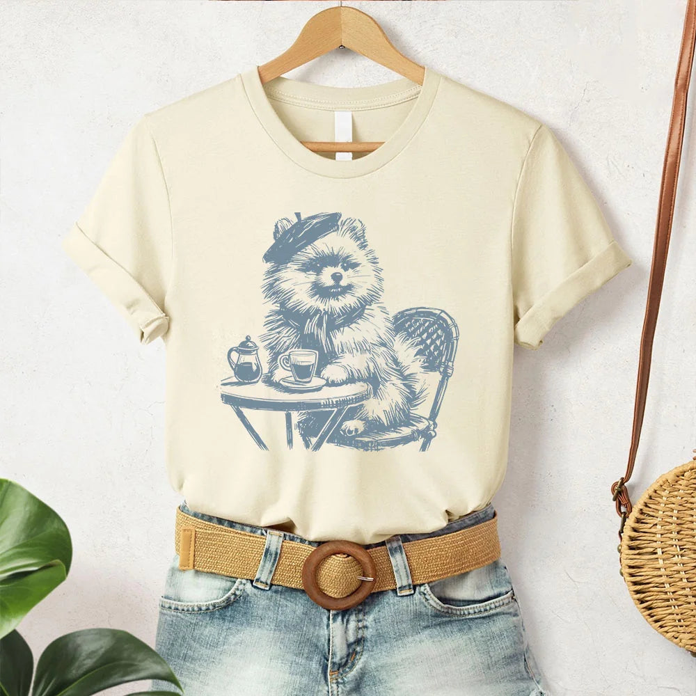 Pomeranian, Pomeranian T-Shirt, Vintage Dog Shirt, Coffee Dog TShirt, Paris Pomeranian, Pomeranian Mom, Funny Dog Shirt, Dog Drinking Coffee