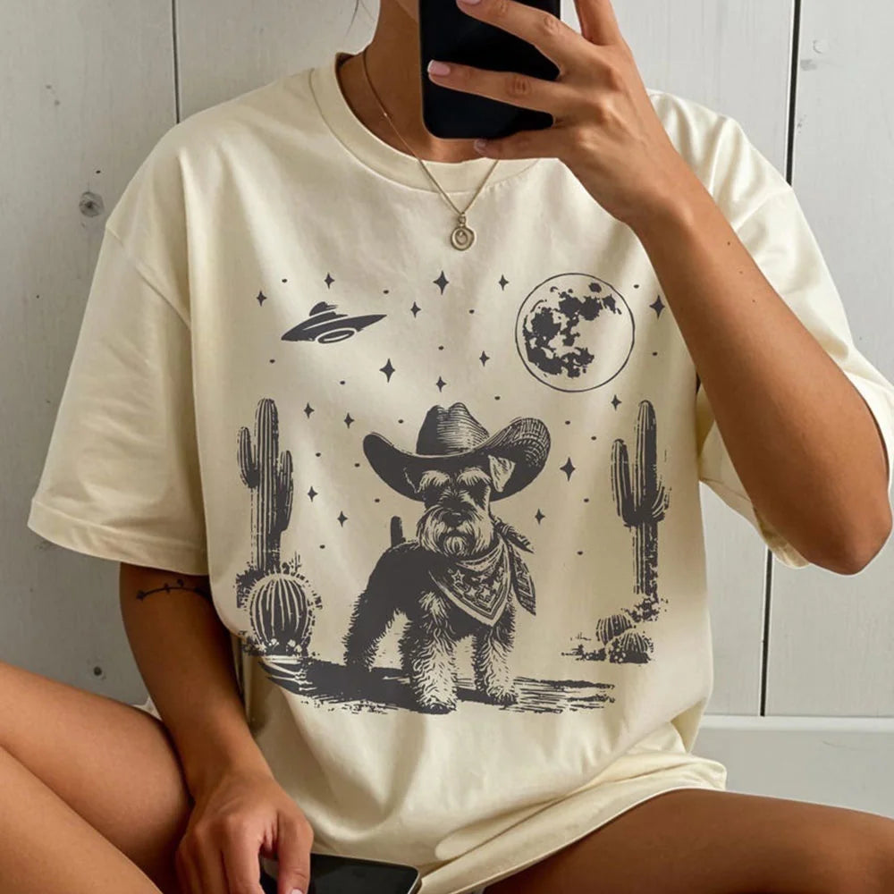 Schnauzer UFO T-Shirt – Vintage Western Dog Tee, Retro Cowboy Schnauzer T-Shirt, Gift for Schnauzer Mom & Dad, UFO Dog Lover Gift