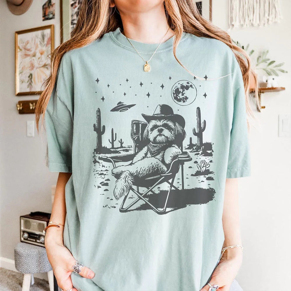 UFO Western Shirt,Shih Tzu Shirt, Shih Tzu Vintage Shirt, Retro T-Shirt, Cowboy TShirt, Wild West, Dogful DogMom, Dogfulness Shirting