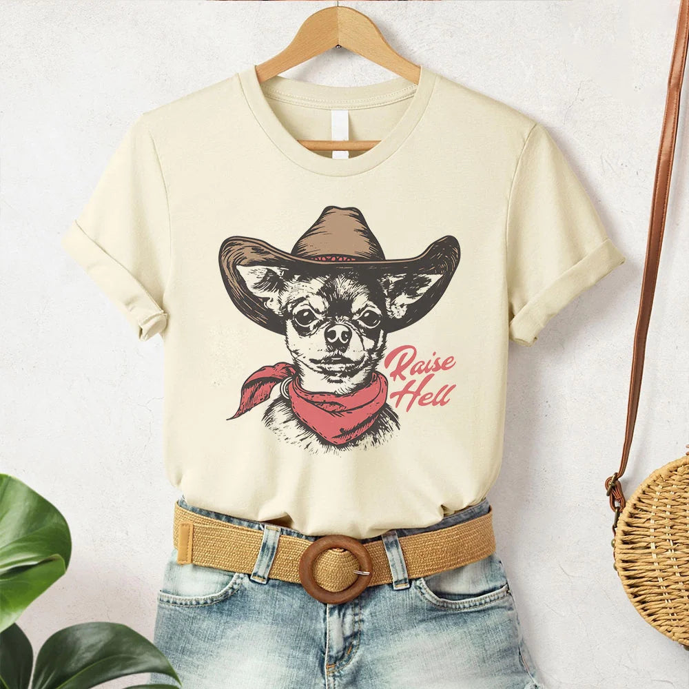 Retro Cowboy Dog T-Shirt, Chihuahua Raise Hell Ironic Tee, Ranch Aesthetic Graphic Tee, Vintage Western Style, Sassy Dog Mom Dad Gift