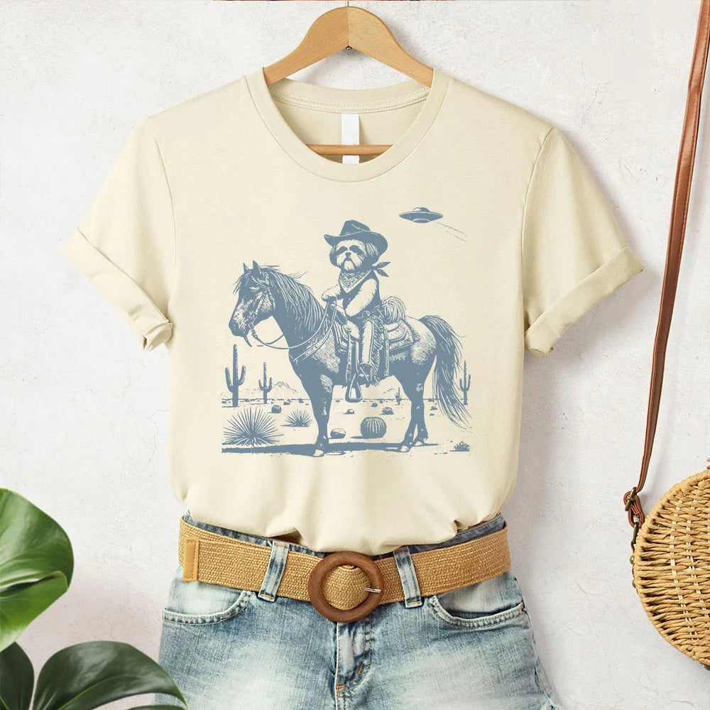 Shih Tzu, Cowboy Shih Tzu, Vintage Dog T-Shirt, Shih Tzu Mom, Funny Dog Shirt, Shih Tzu Gift, Desert Horse, Cactus Horseback Dog, UFO