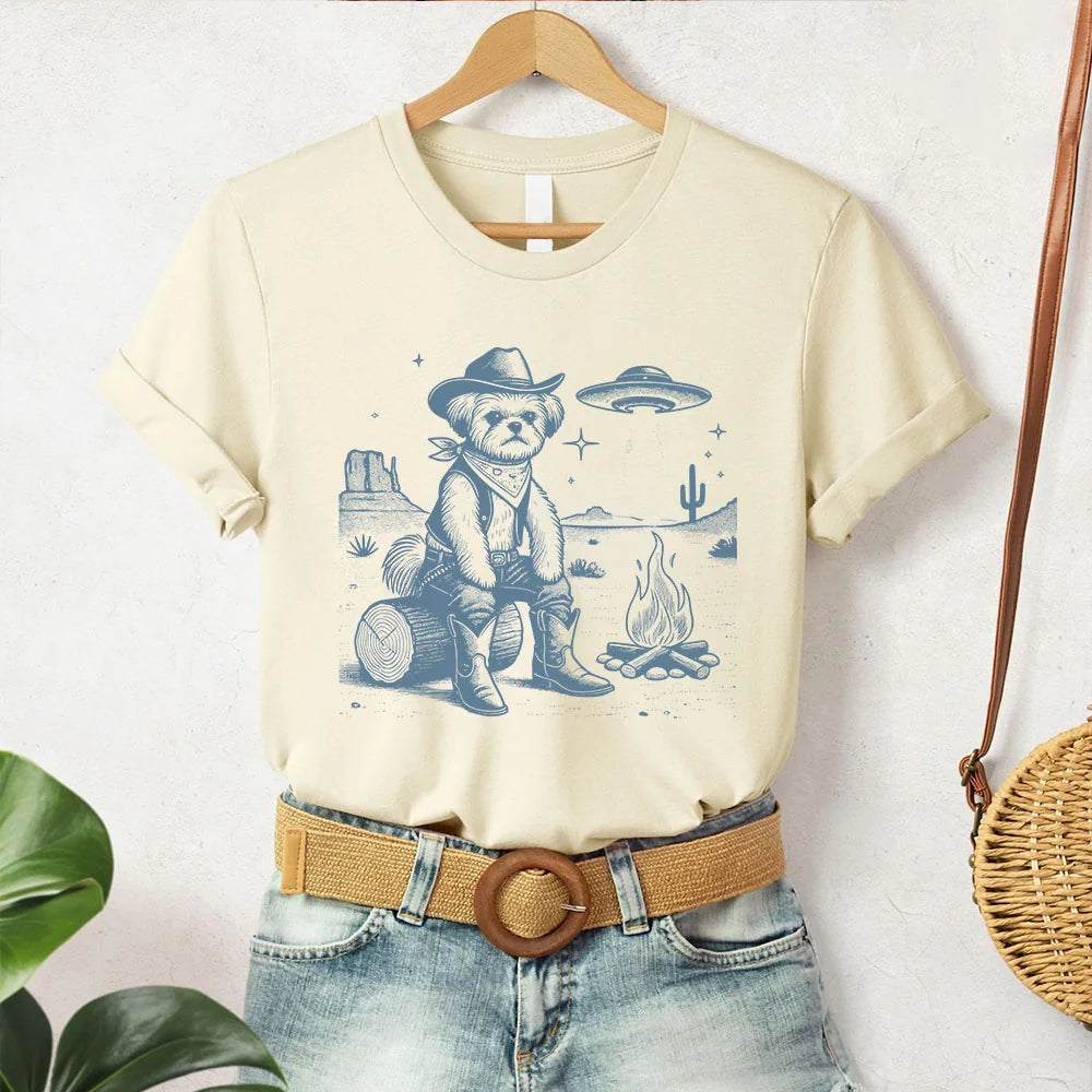 Shih Tzu, Shihtzu Shirt, Cowboy Campfire, Vintage Dog T-Shirt, Shitzu Mom, Funny Dog Shirt, Dad Gift, Desert Cactus Cowdog UFO tshirt