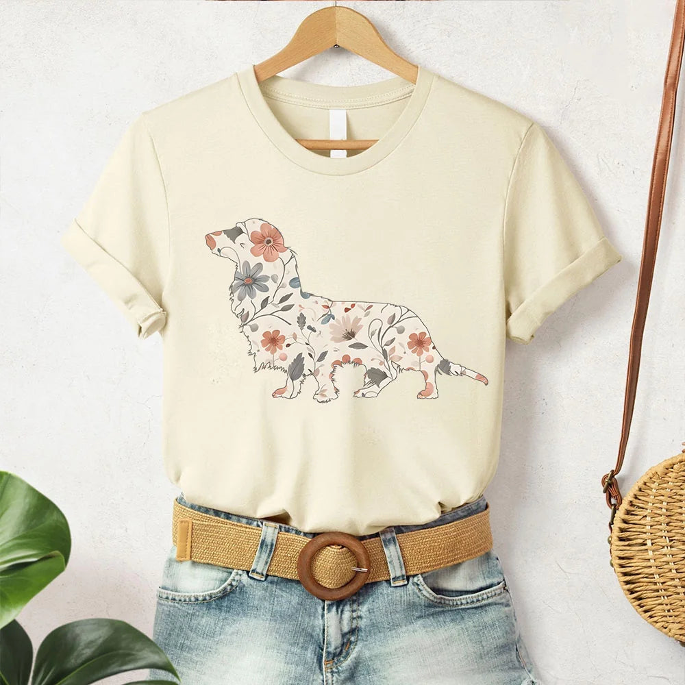 Floral Long Hair Dachshund Comfort Colors T-Shirt, Doxie Dog Mom Wildflower T-shirt, Cottagecore Tee, Gift for Wiener Lover, Puppy Owner Mama