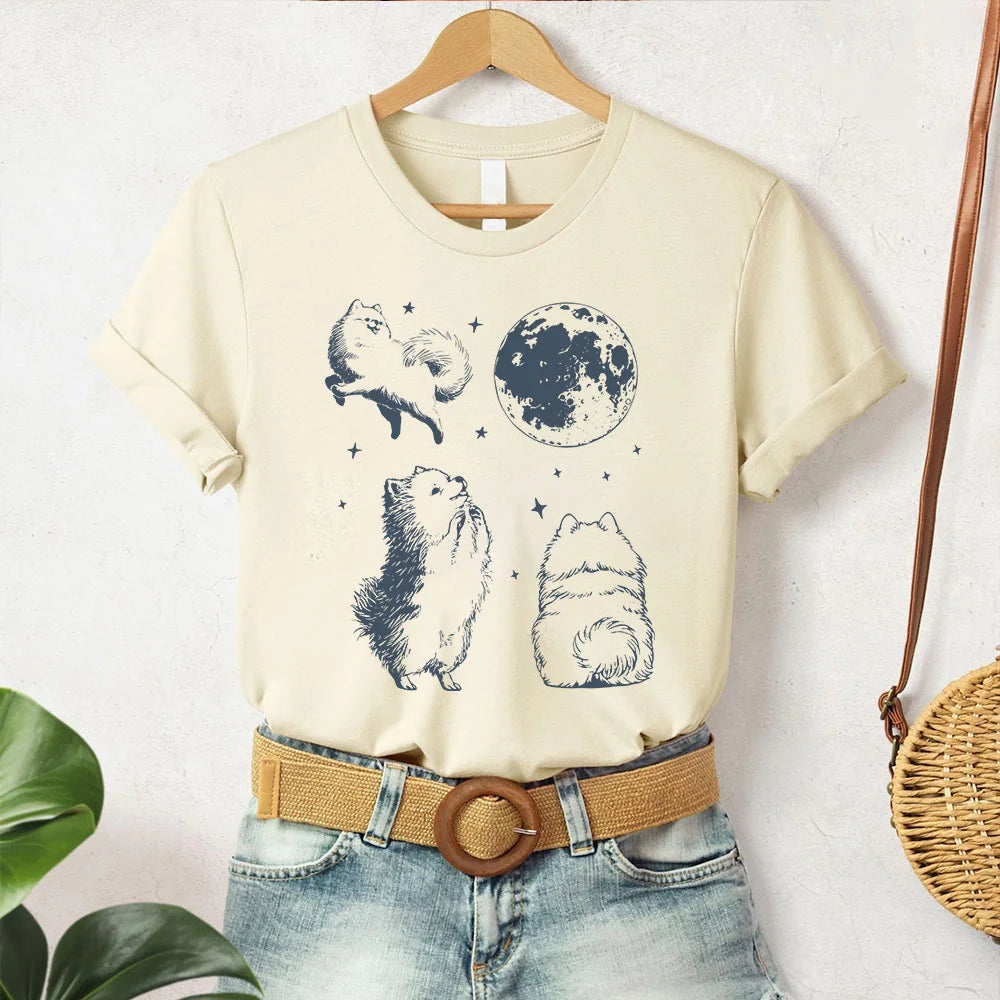 Retro Dog T-shirt, Funny Pomeranian Dog Shirt, Cute Moon Stars Graphic tshirt, Aesthetic Dog Mom Gift, Pet Lover Tee