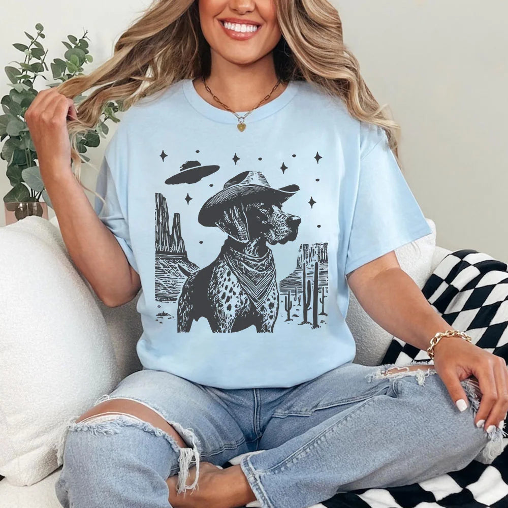 German Shorthaired Pointer Cowboy T-Shirt - Vintage GSP Dog UFO Tee, Dad GSP Mom T, Hunter Dog Shirt, Hunting Do Tee, Country Pointer Ranch
