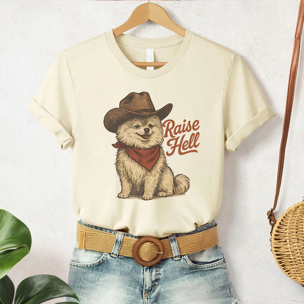 Raise Hell Pomeranian Shirt Funny Western Dog Lover Tee Cowboy Hat Pomeranian Gift Graphic T-Shirt Country Pet Owner Apparel