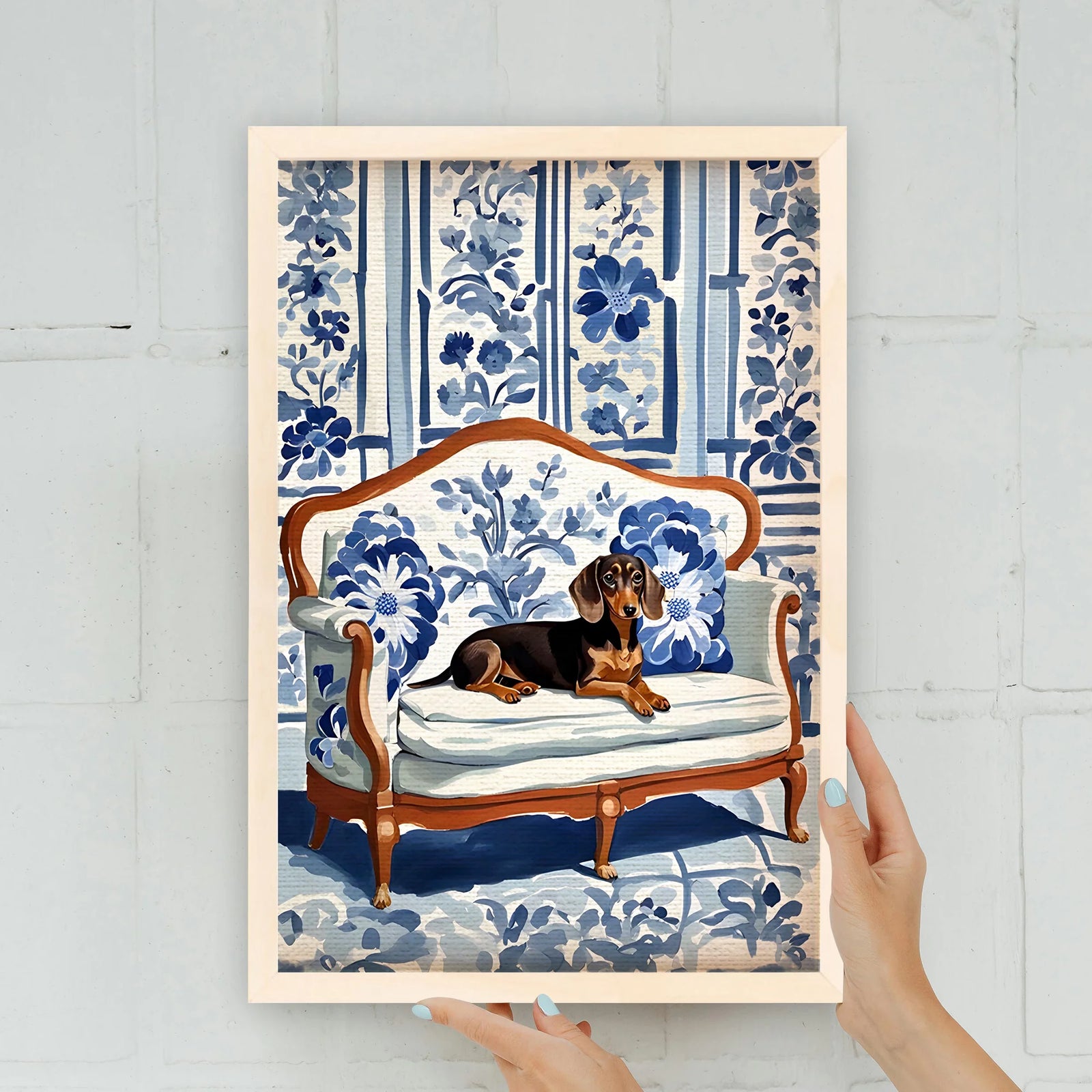 Personalized whimsical Dachshund Art, Chinoiserie Dog Lover, maximalist Grand Millennial aesthetic, portrait canvas