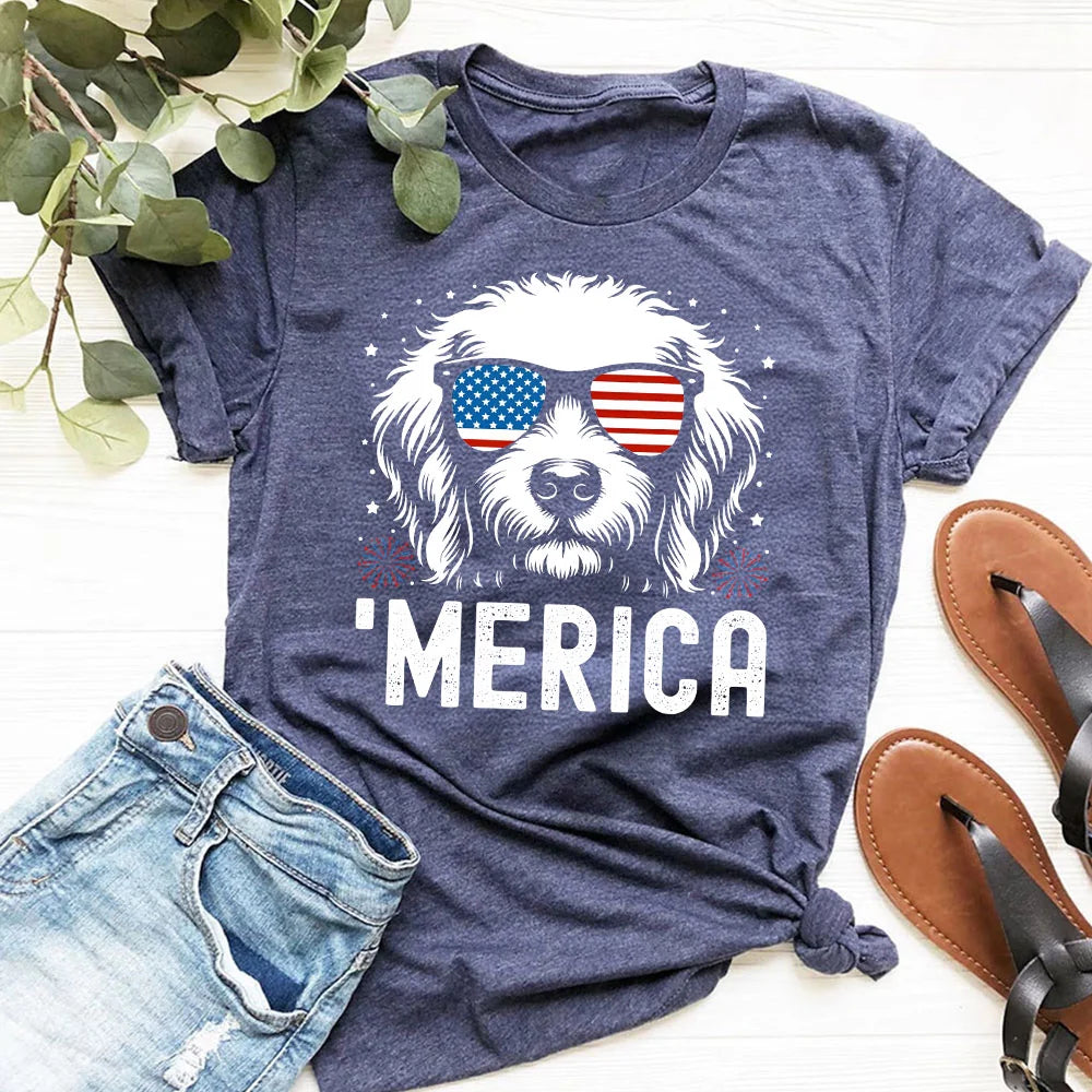 Goldendoodle &#39;Merica T-Shirt | 4th of July Doodle Tee | Patriotic Goldendoodle Shirt | USA Dog Lover Gift | Doodle Dog Shirt | Doodle Mom Gift