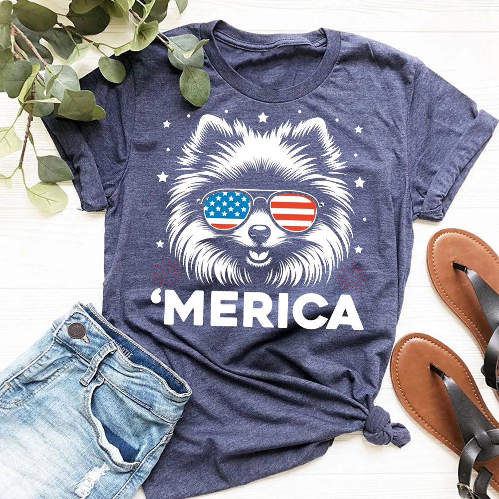 Pomeranian 'Merica T-Shirt | Patriotic Pomeranian Tee | 4th of July Dog Shirt | American Flag Pom Shirt | USA Pommy Gift | Red White Blue Tee