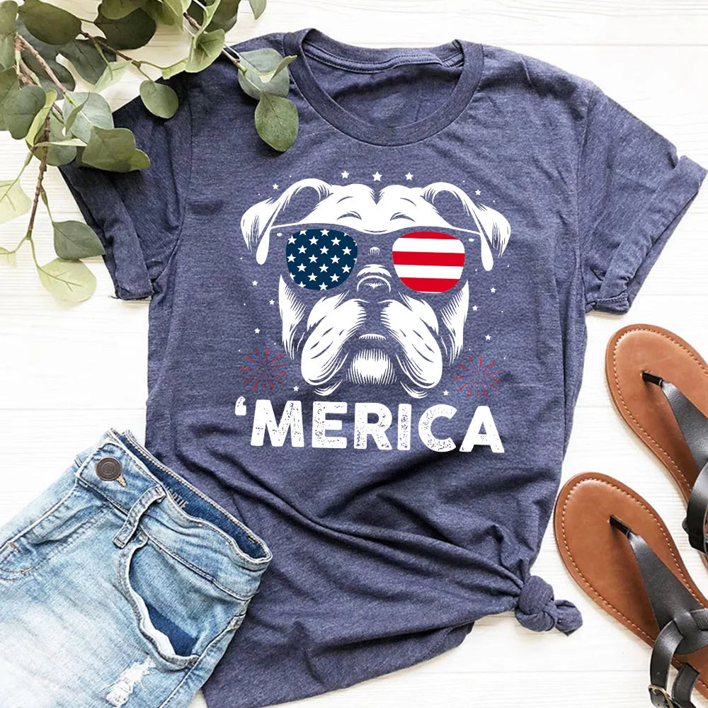 English Bulldog America T-Shirt | 4th of July Bulldog Tee | Patriotic Bulldog Shirt | USA Dog Lover Gift | USA Dog Shirt | American Flag Tee