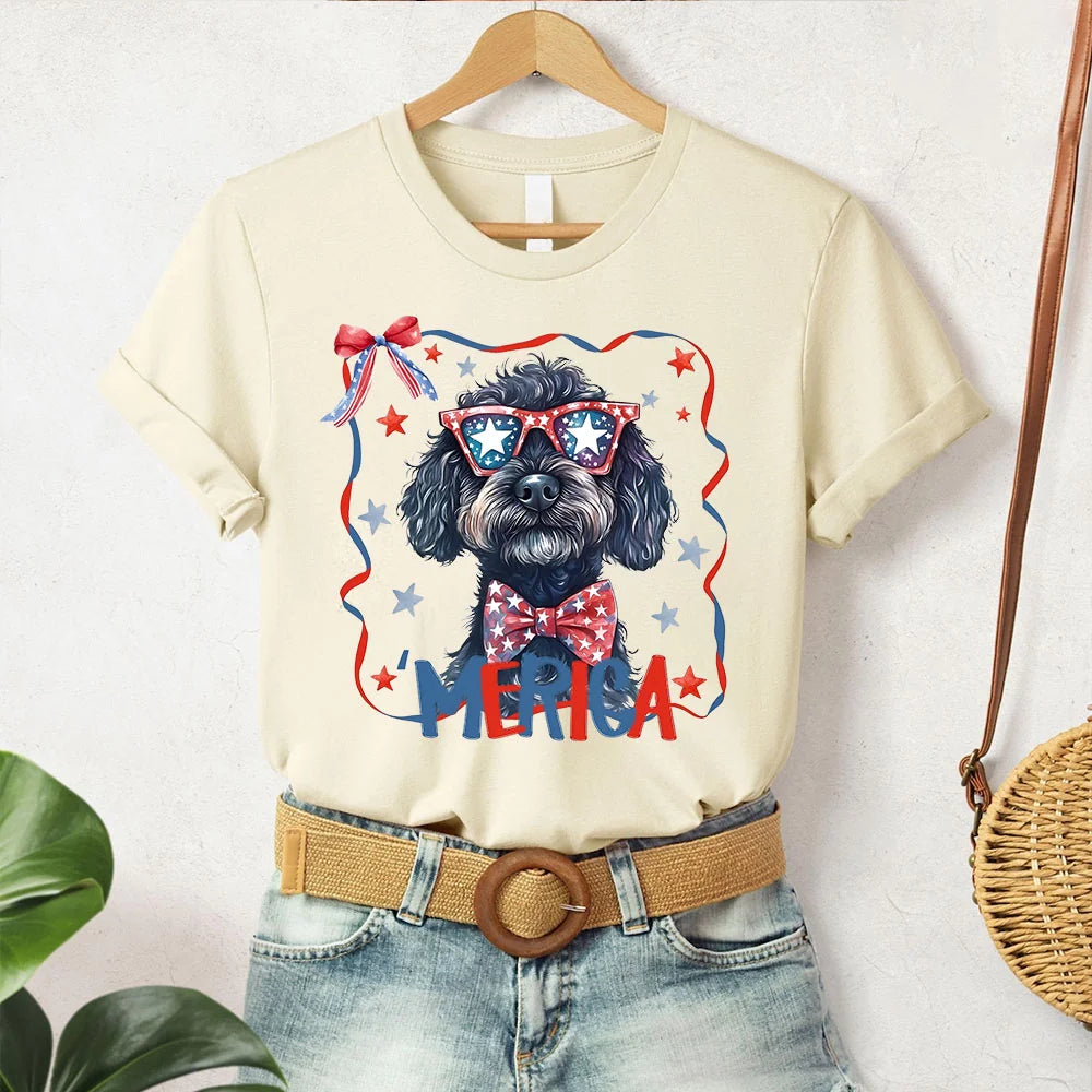 Golden Doodle 4th of July T-Shirt, Patriotic Watercolor Dog Mom Shirt, Cute ‘Merica Fourth of July Dog Tee