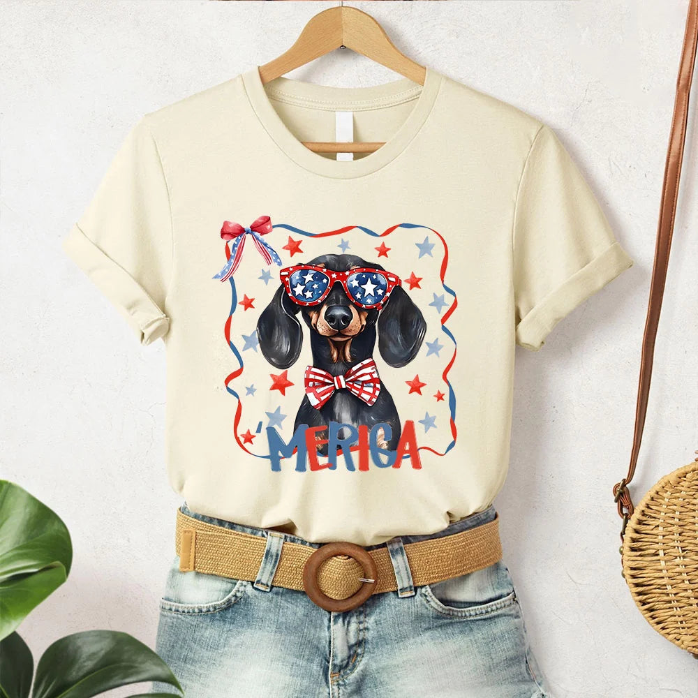 Funny 4th of July Patriotic Dachshund T-Shirt, Cute Fourth of July Weiner Dog Tee