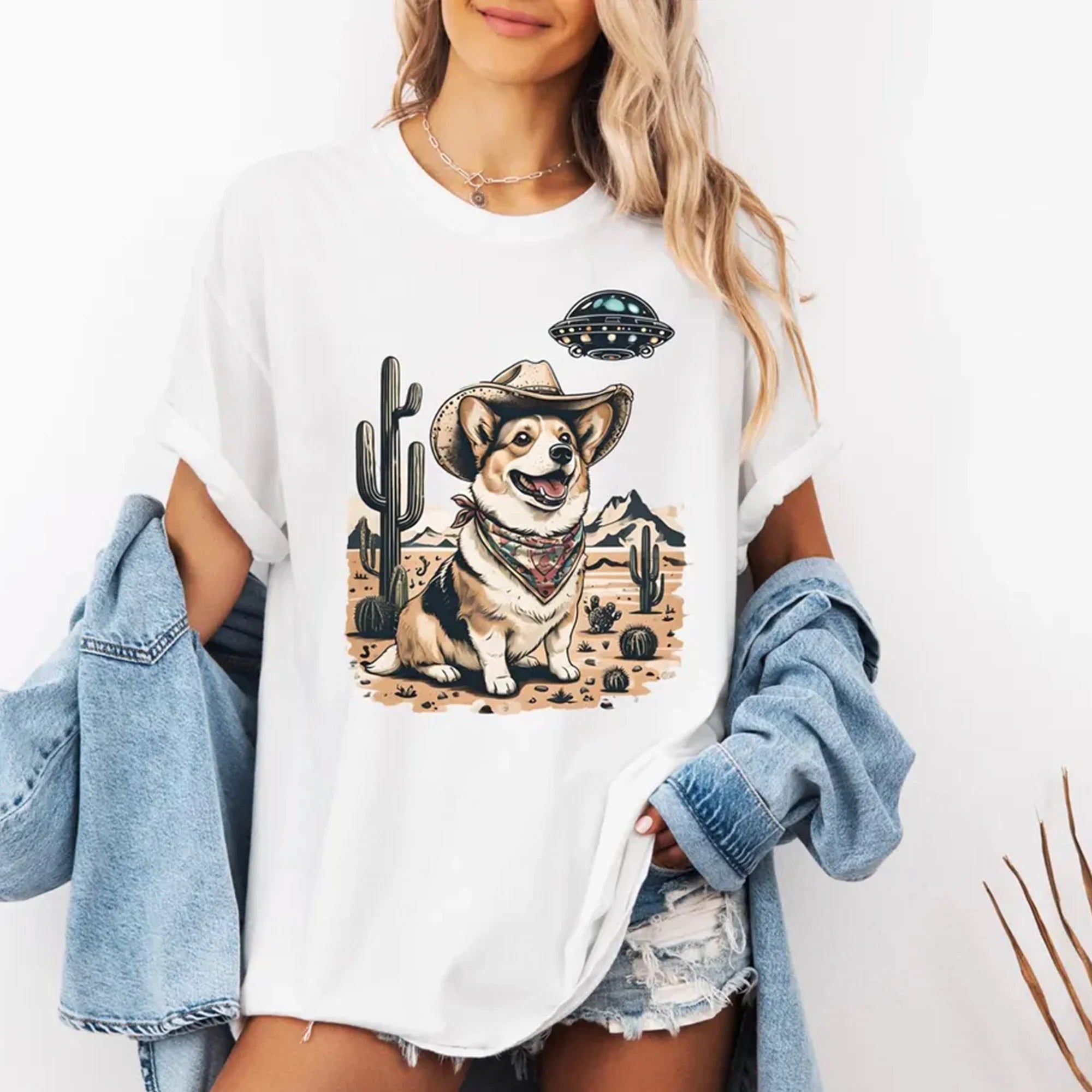 Corgi Vintage T-Shirt, Corgi Shirts, UFO Western Shirt, Retro Dog Tshirt, Cowboy Dog Shirt, Wild West Shirt, Alien Shirts, Corgi Dad Shirt