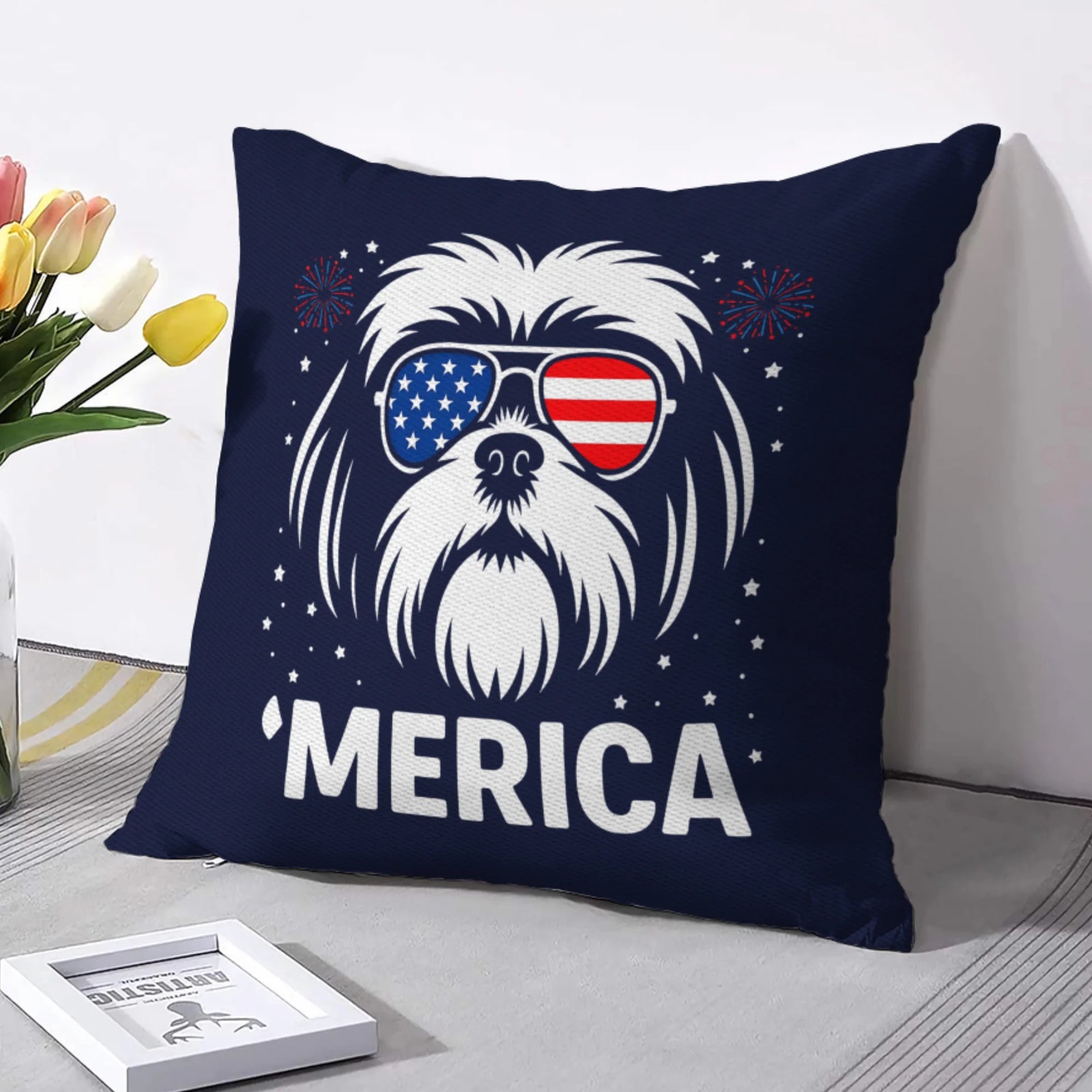 Shih Tzu 'Merica Pillow Cover | 4th of July Dog Lover Gift | Patriotic Shih Tzu Throw Pillow | USA Shih Tzu Mom & Dad Decor | Cute Shih Tzu Cushion Cover