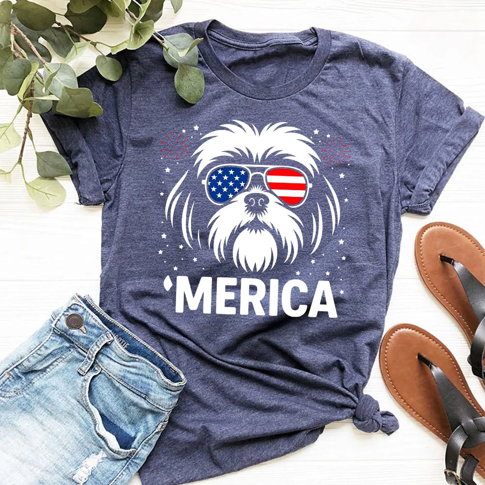 Shih Tzu &#39;Merica T-Shirt | 4th of July Dog Lover Gift | Patriotic Shih Tzu Tee | USA Shih Tzu Mom &amp; Dad Shirt | Cute Shih Tzu Dog Shirt