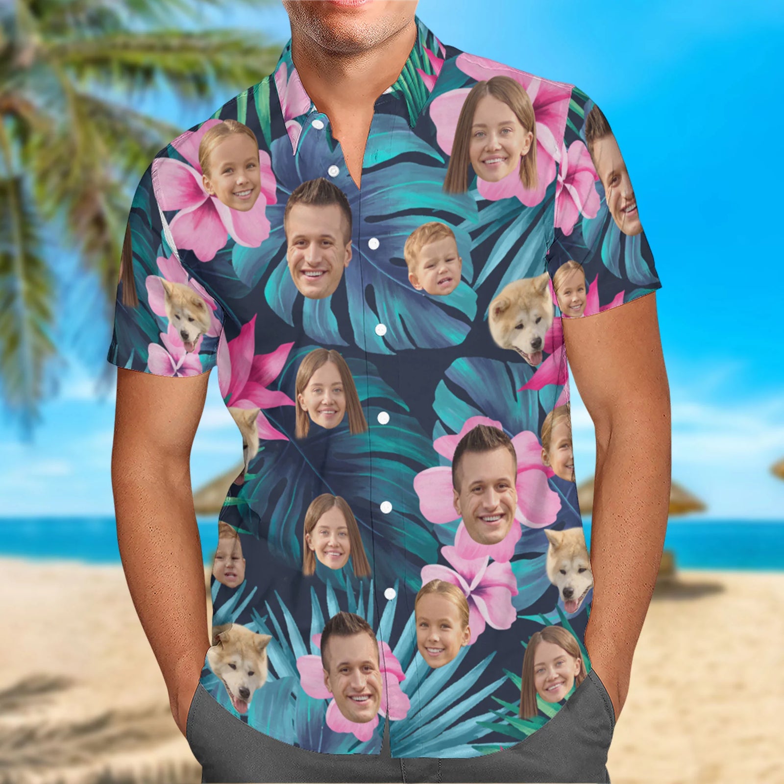 Custom  Hawaiian T-Shirt With Photo, Personalized Hawaiian Shirt with Face for Men Women Kids, Pet, All Over Print Father's Day Shirts, Gifts