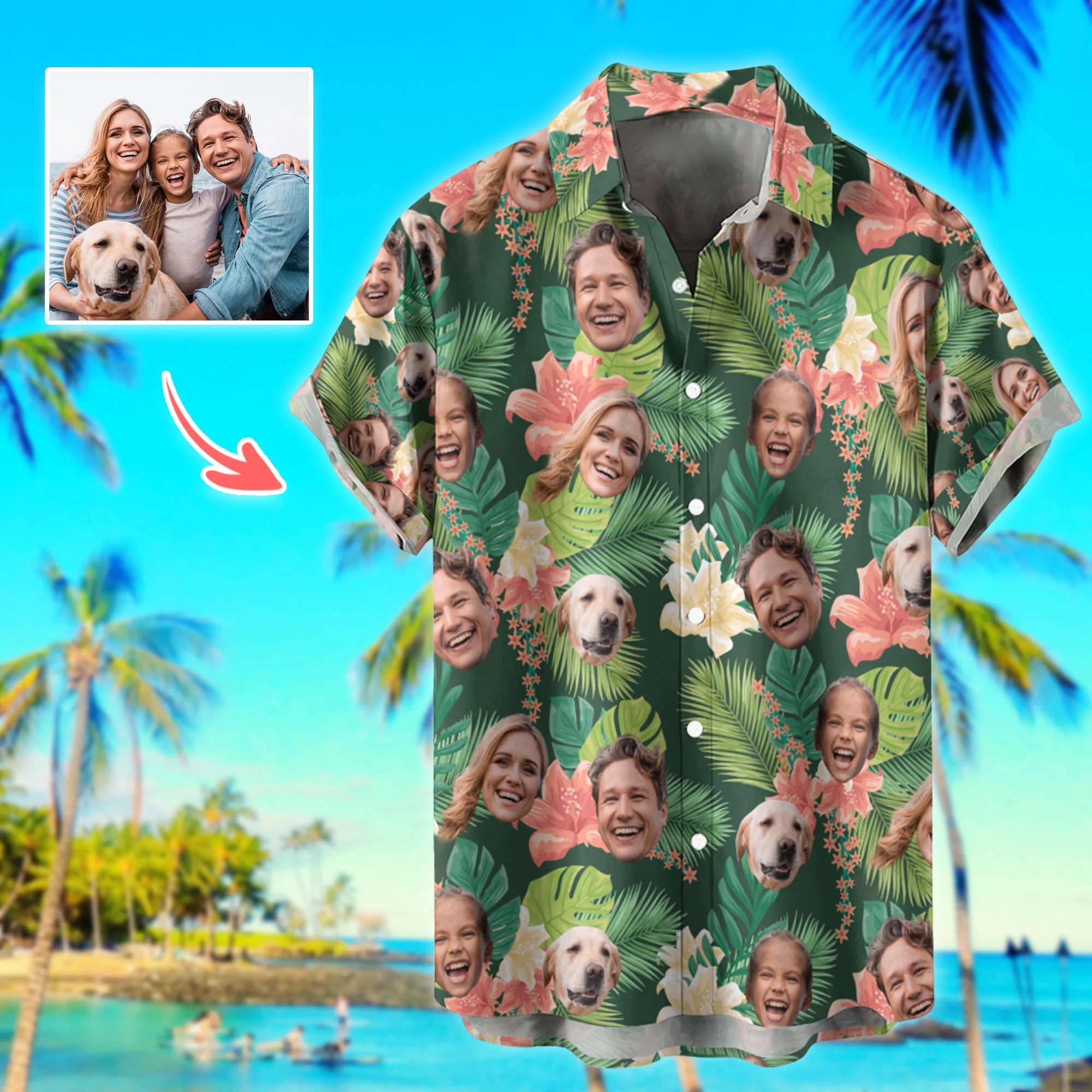 Personalized Hawaiian Shirt, Custom Hawaiian T-Shirt with Face for Men Women Kids, Pet, Hawaiian Shirt, All Over Print Father's Day Shirts